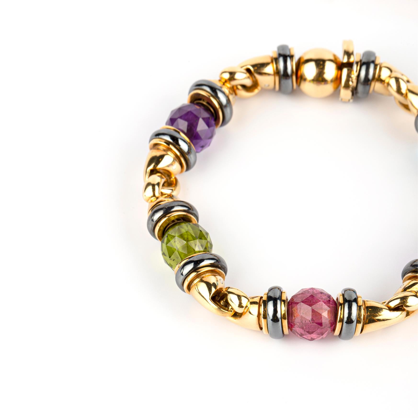 Bulgari 'Gancio' Gold and Multi-Gem Bracelet In Excellent Condition For Sale In New York, NY