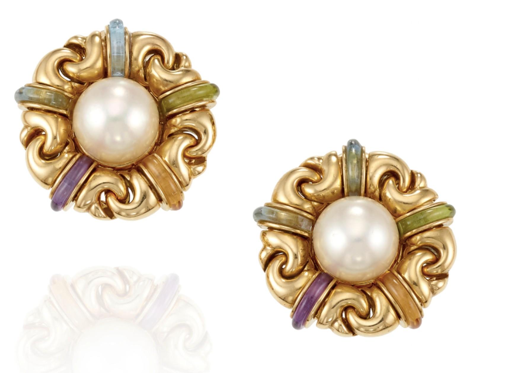 Mixed Cut Bulgari Gancio Pearl and Multi-Gem Gold Earrings
