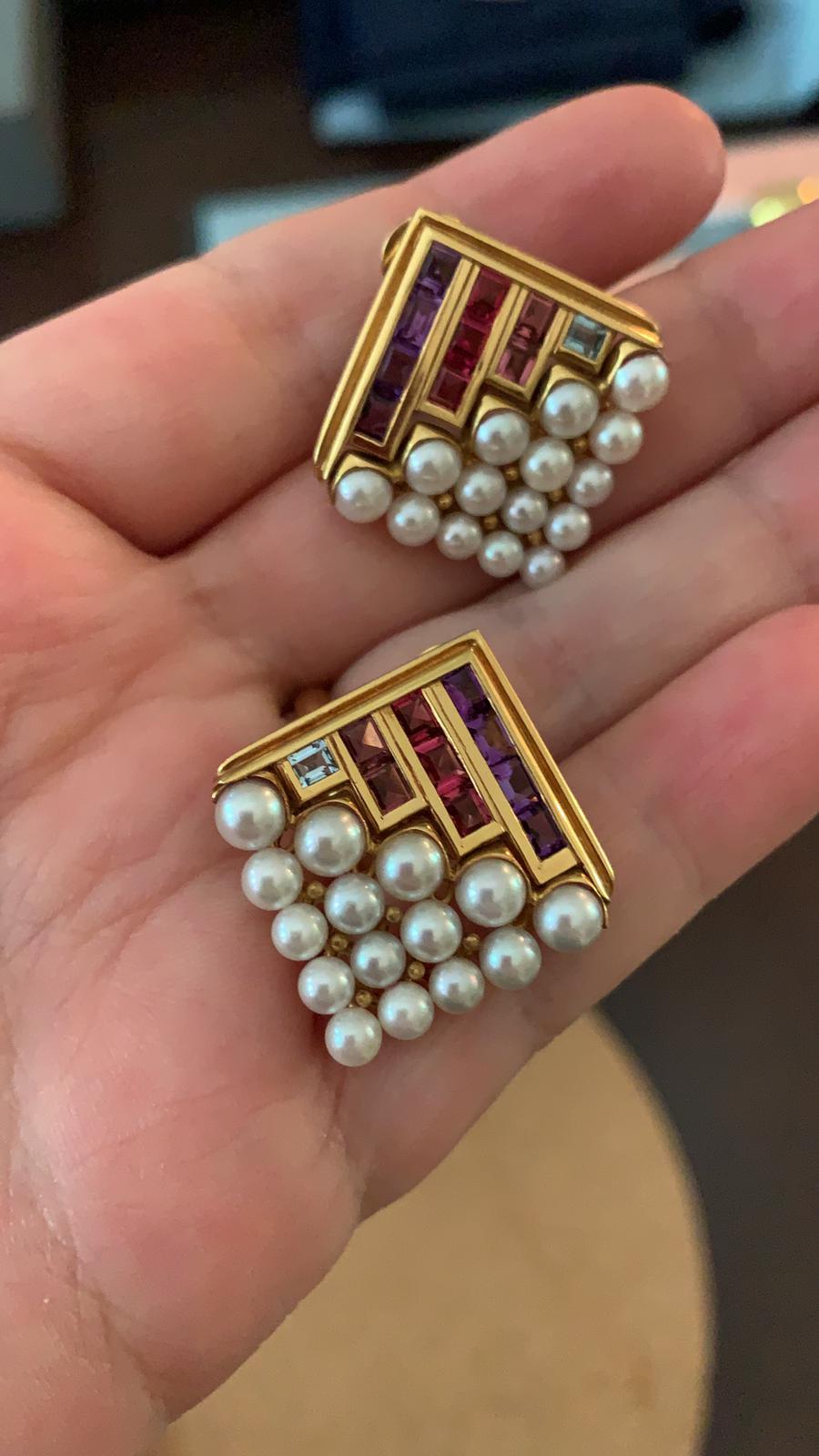 Women's Bulgari Gemset and Pearl Ear Clips For Sale