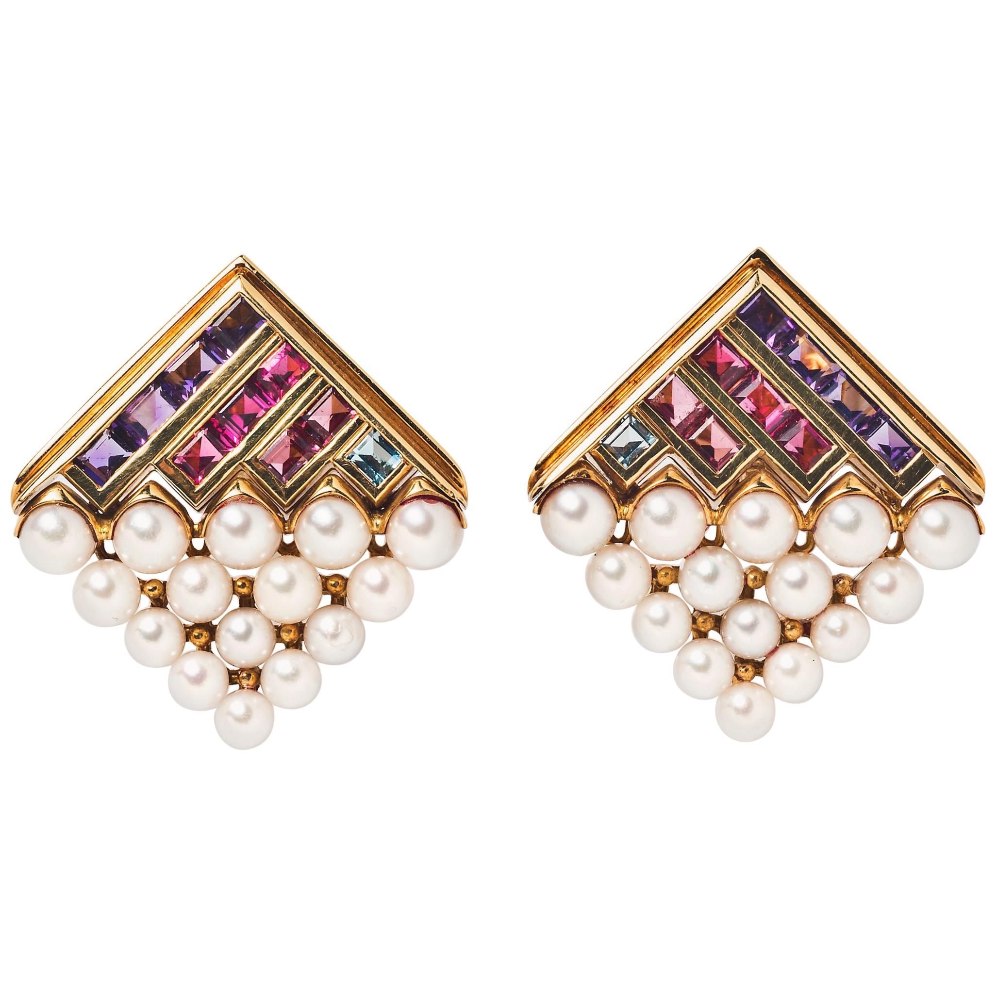 Bulgari Gemset and Pearl Ear Clips