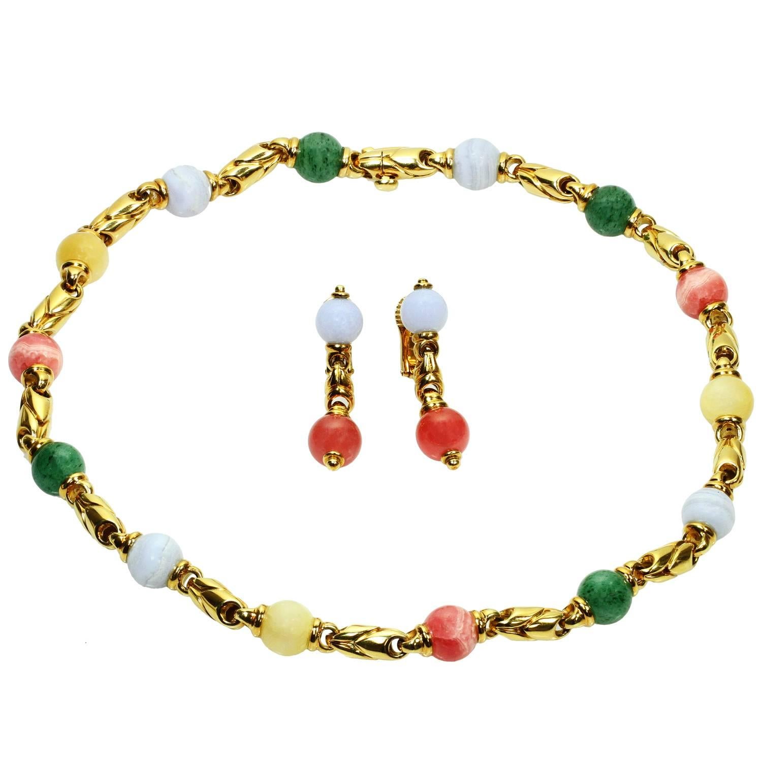 Bulgari Gemstone Yellow Gold Bead Link Necklace and Earrings Set