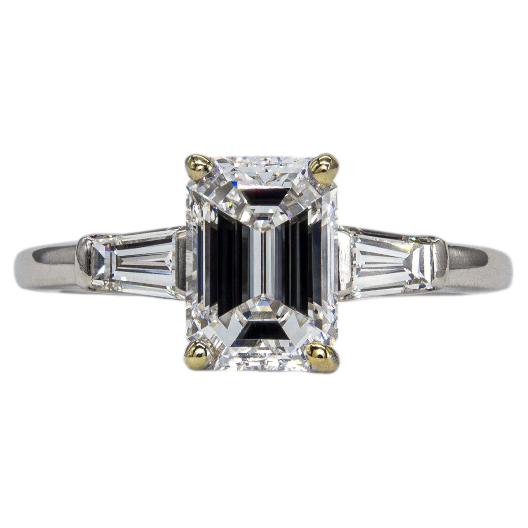 Bulgari GIA 1.50 Carat E VVS2 Emerald Cut Diamond Three Stone Ring For Sale