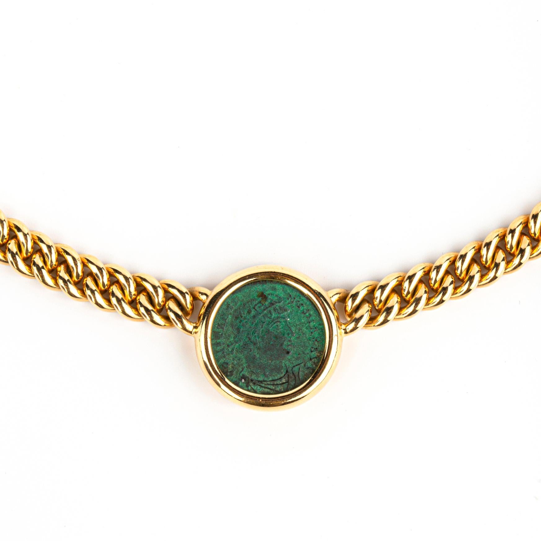 Bulgari 18k yellow gold & ancient coin ‘Monete’ necklace with the inscription “Alexandria Constantinus AD 306 337”. Made in Italy, circa 1980.