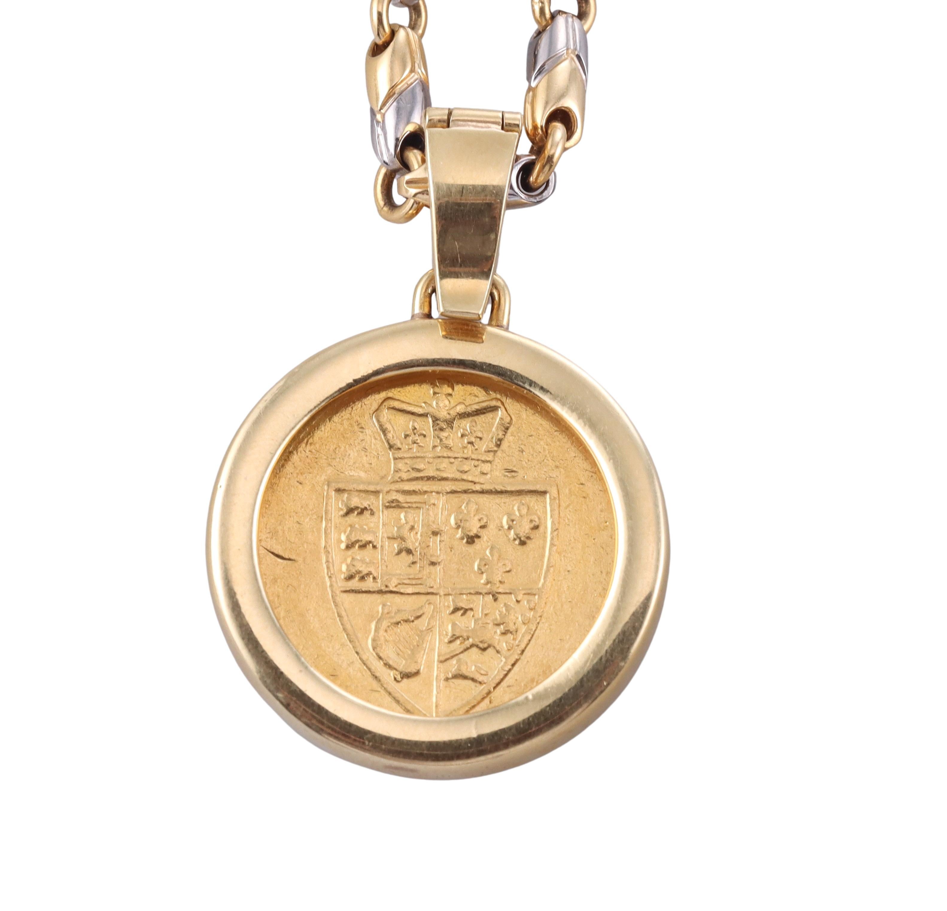 Bulgari Halskette aus Gold und Stahl mit Moneten-Anhänger im Angebot 1