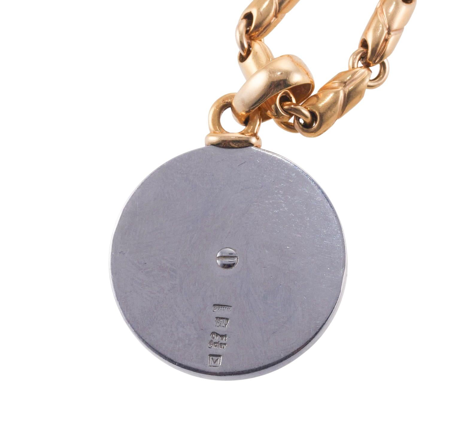 Round Cut Bulgari Gold and Steel Diamond Zodiac Pendant Necklace For Sale
