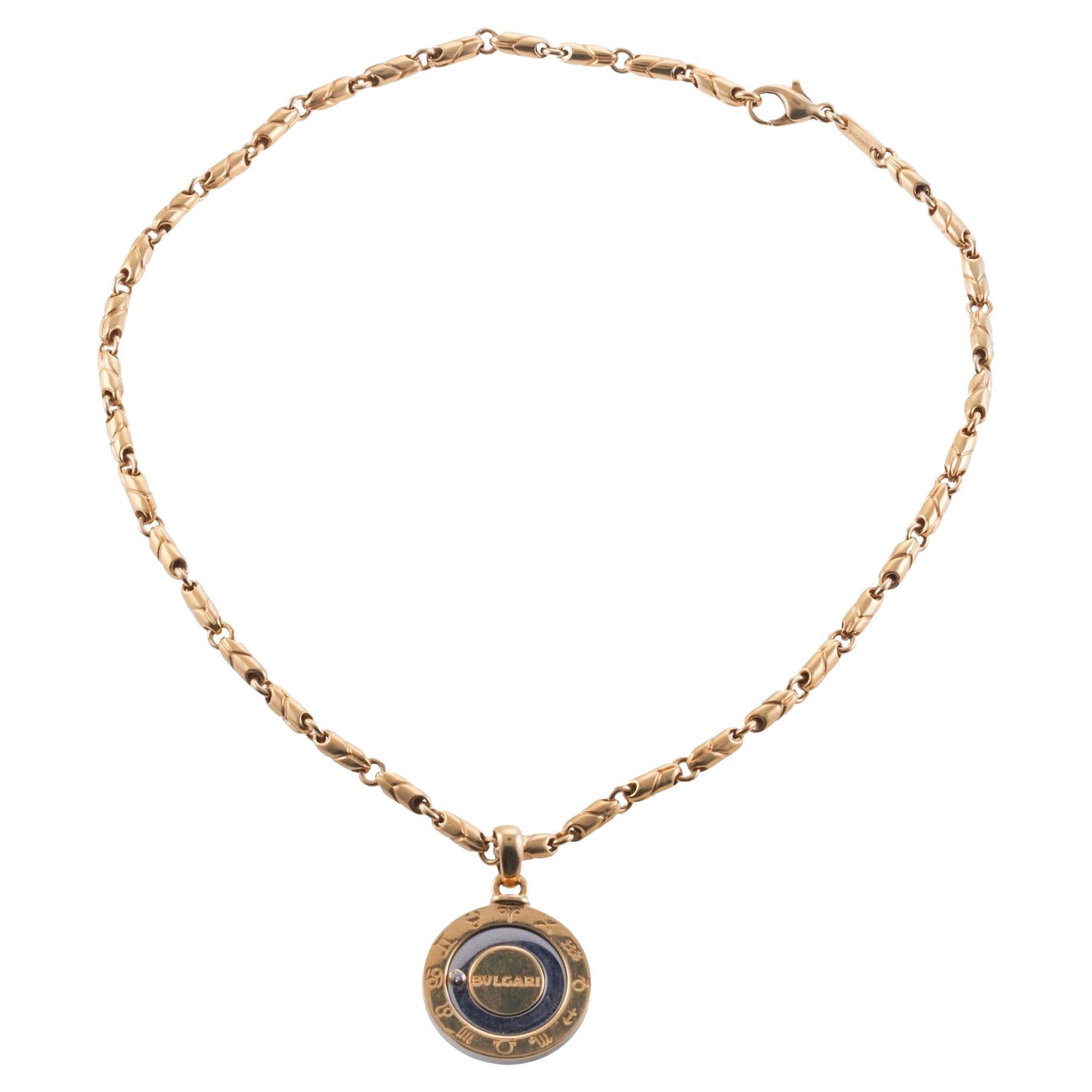 Bulgari Gold and Steel Diamond Zodiac Pendant Necklace For Sale