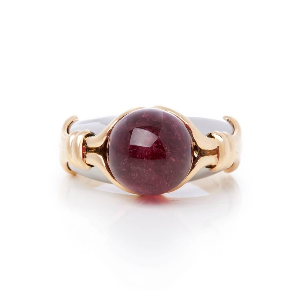 Xupes Code: COM1601
Brand: Bulgari
Description: 18k Yellow & White Gold Cabochon Ruby Ring
Accompanied With: Box Only
Gender: Ladies
UK Ring Size: P 
EU Ring Size: 56
US Ring Size: 7 3/4
Resizing Possible?: YES
Band Width: 3mm
Condition: 9
Material: