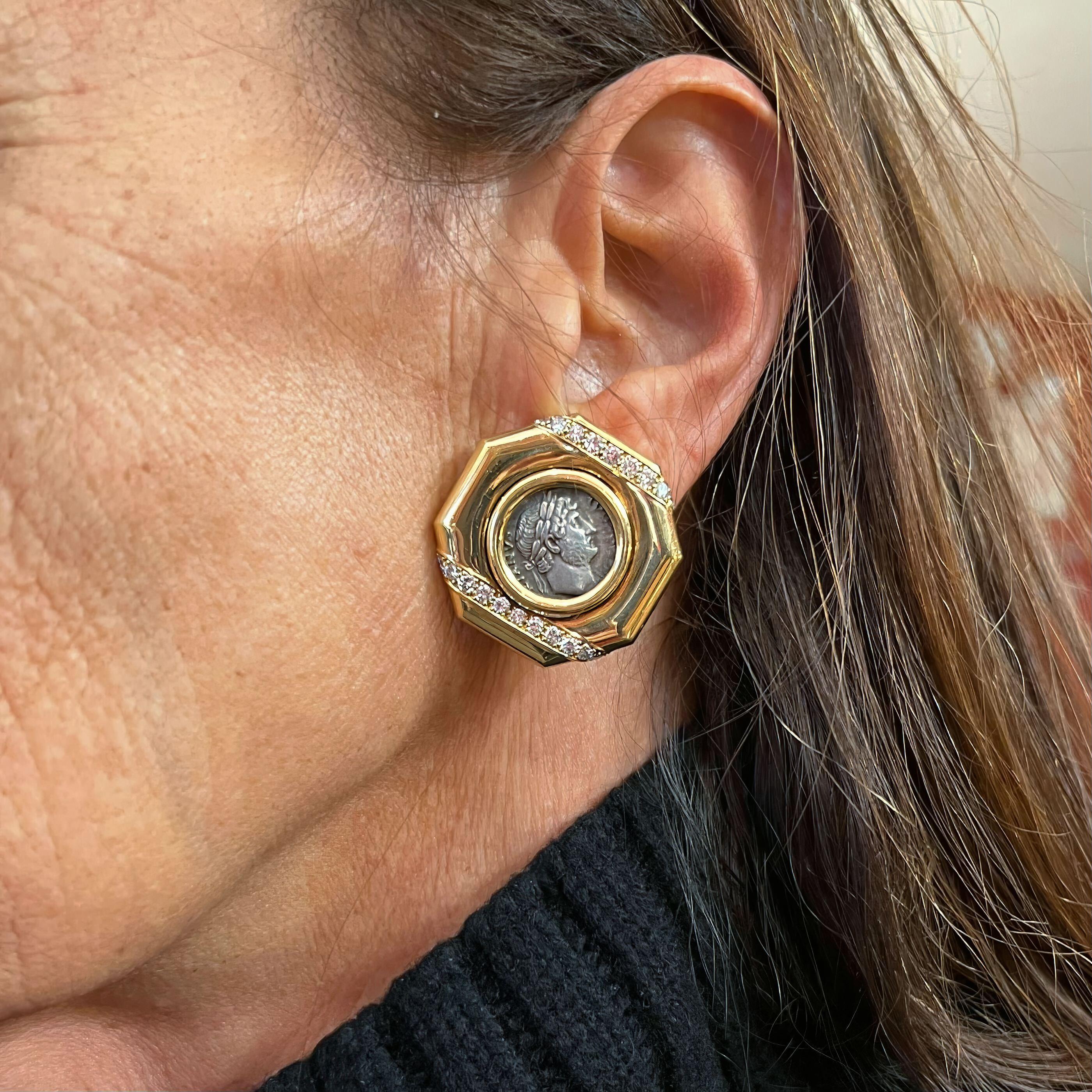 BULGARI Gold Diamond Emperor Hadrian Coin Earrings In Good Condition In New York, NY