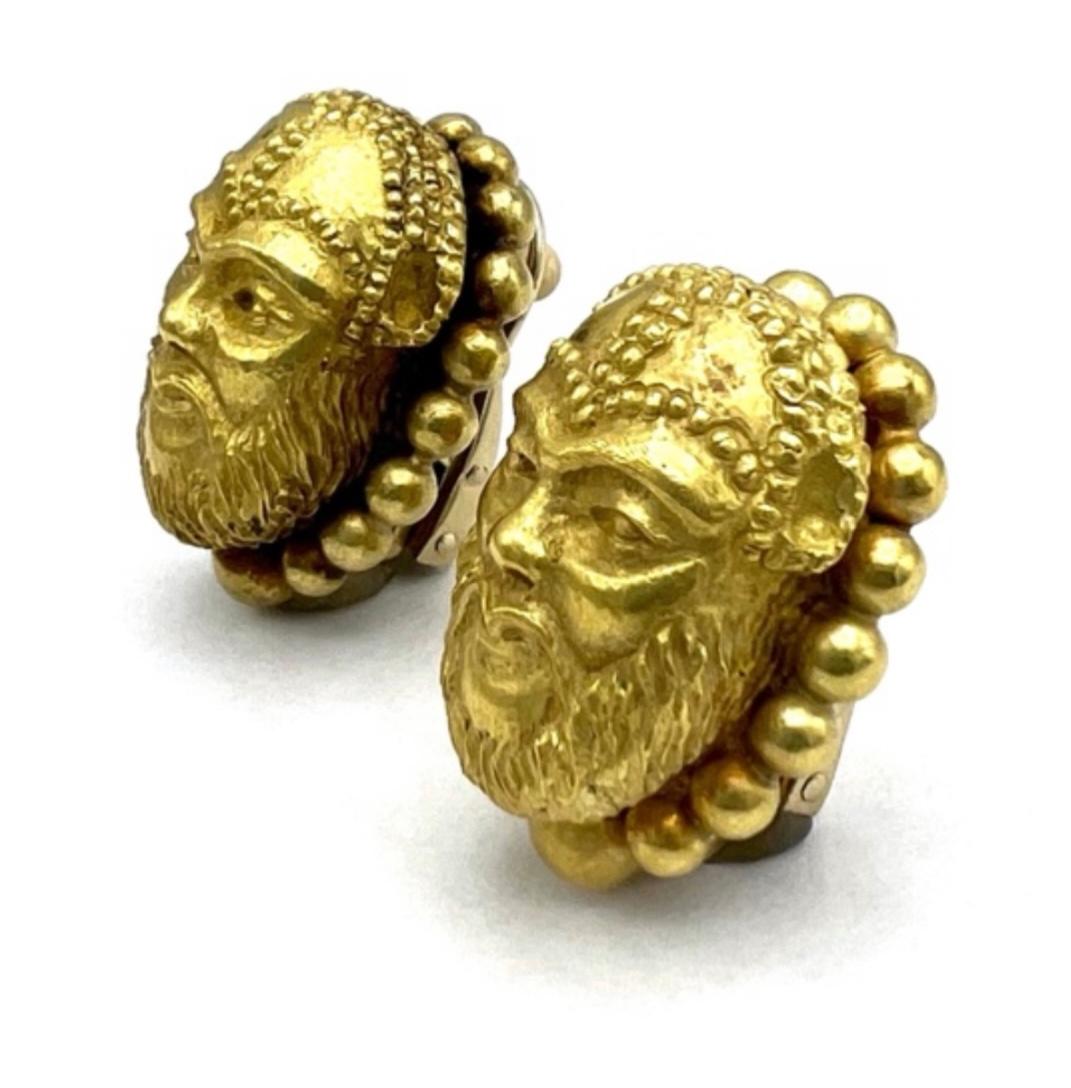 DESIGNER: Bulgari
CIRCA: 1970
MATERIALS: 18k Yellow Gold
WEIGHT: 21.2 grams
MEASUREMENTS: Length: 1 inch, Width: 3/4 inch
HALLMARKS: Bvlgari Italy 18K

ITEM DETAILS:
A truly unique pair of 18k Bulgari gold earrings designed as Genghis Khan’s head.