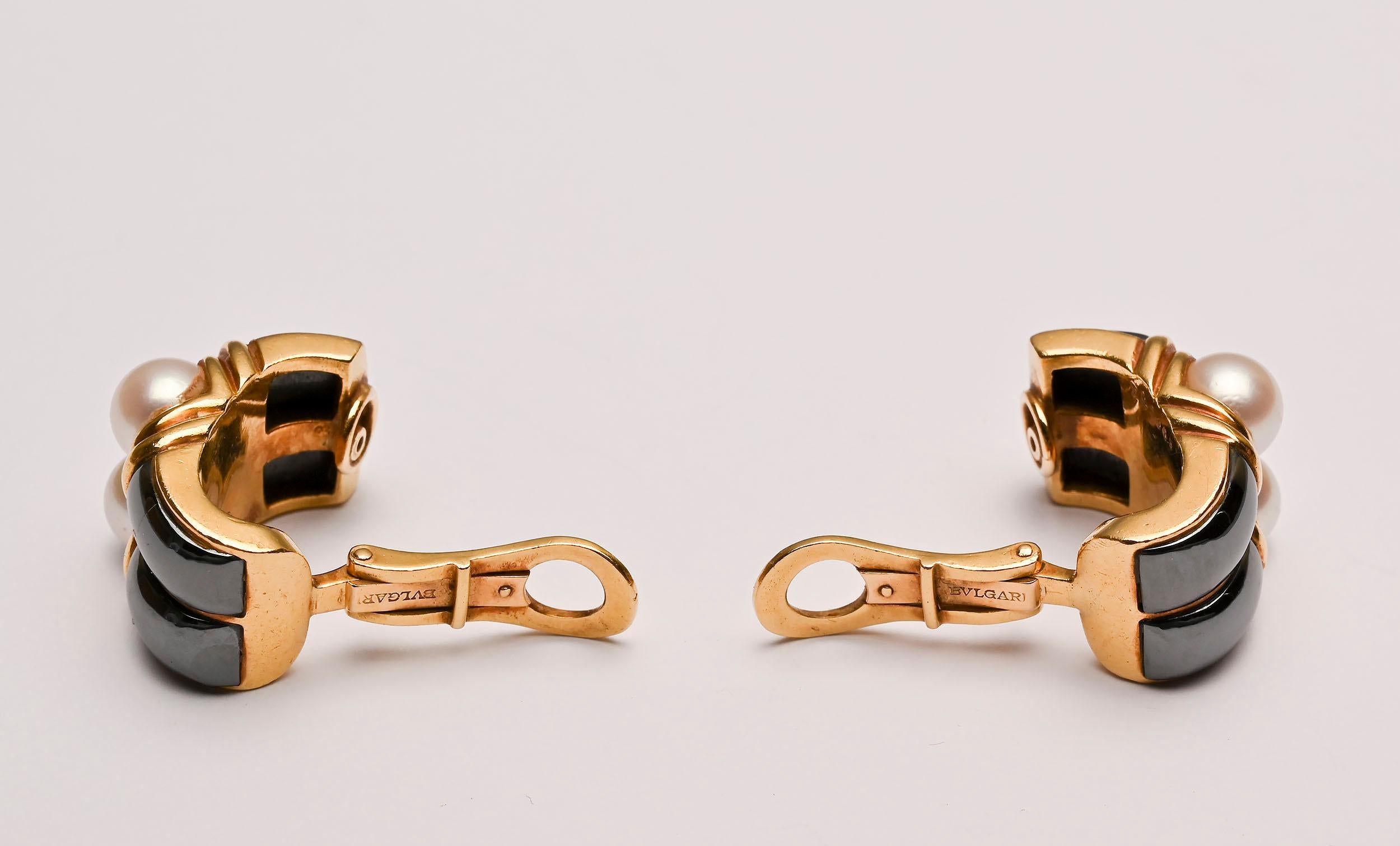 Women's or Men's Bulgari Gold Earrings with Pearls and Hematite