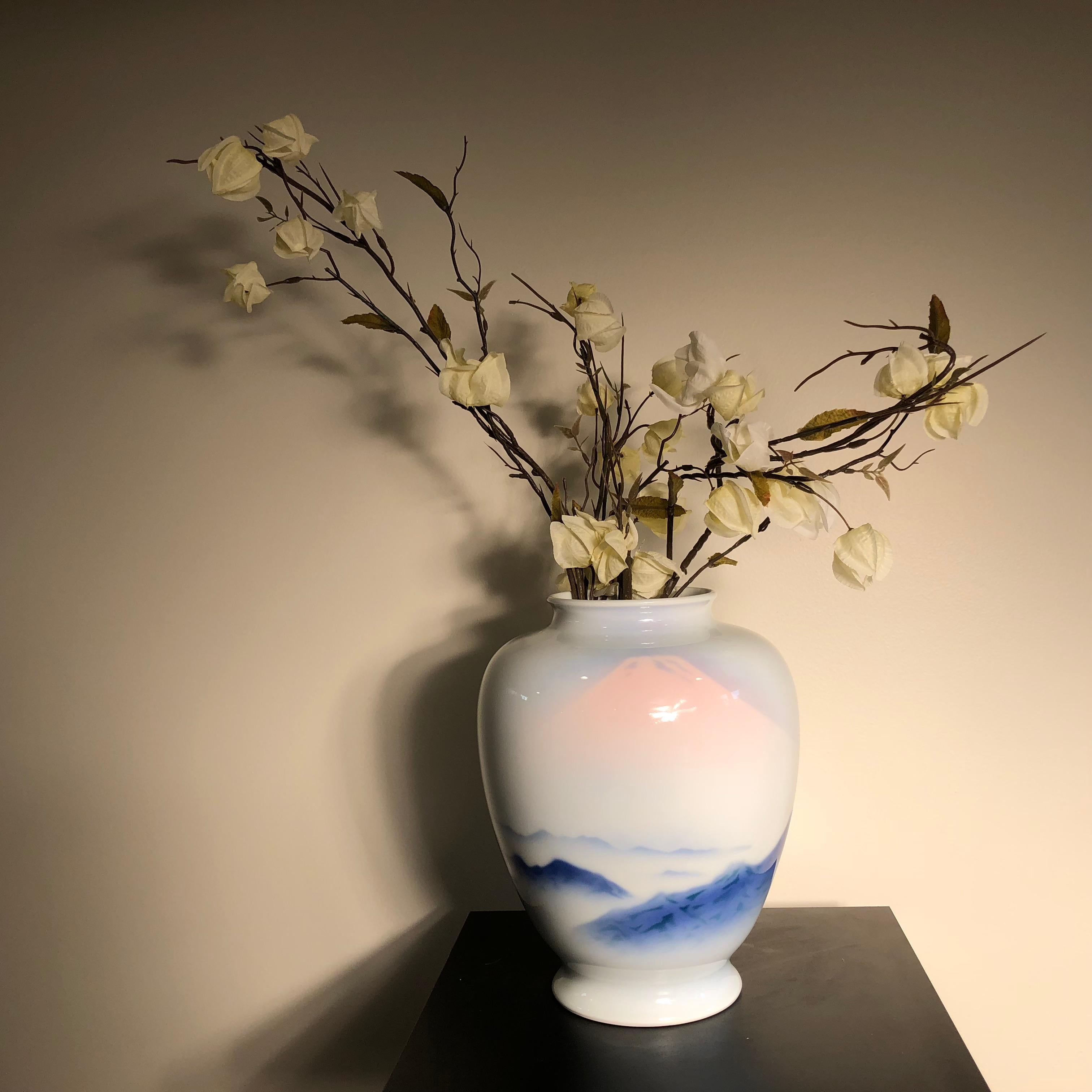 Japanese Fine Old Soft Blue Mountains Porcelain Vase, Mint, Signed and Boxed 3