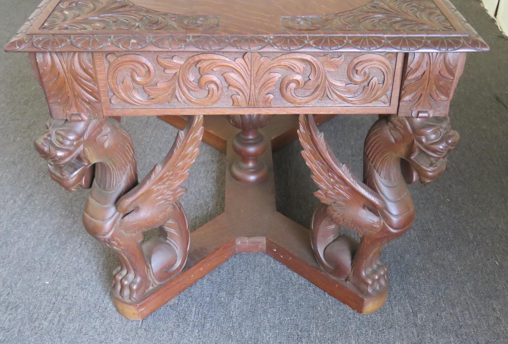 Oak Renaissance Style Winged Griffin Desk 6