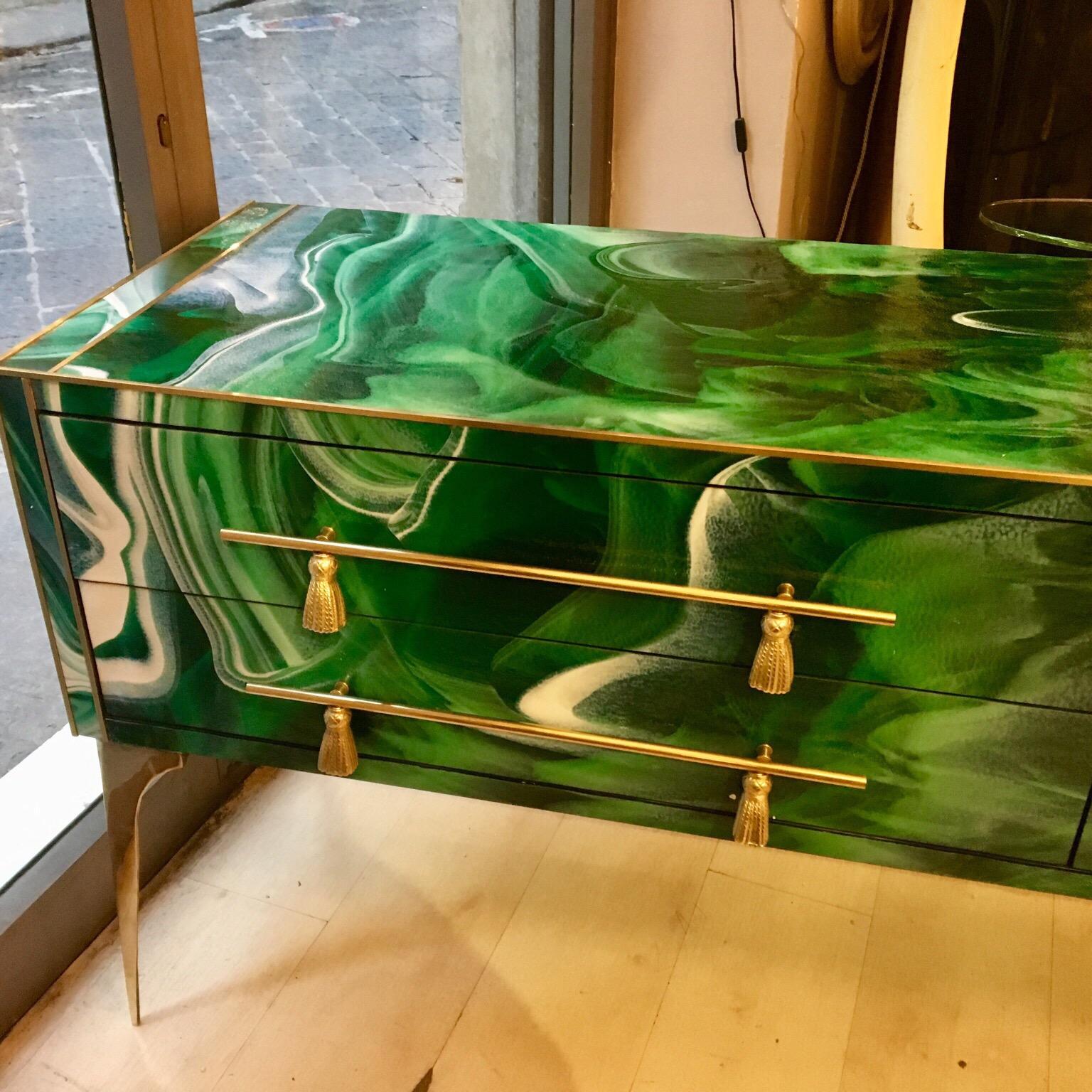 Italian Green Opaline Glass Chest of Drawers Malachite Effect and Brass, 1970s 5