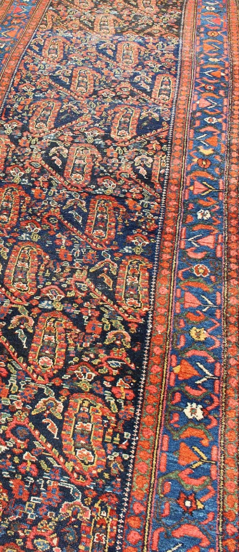 All-Over Design Antique Persian Malayer Long Runner in Blue and Burnt Orange  4