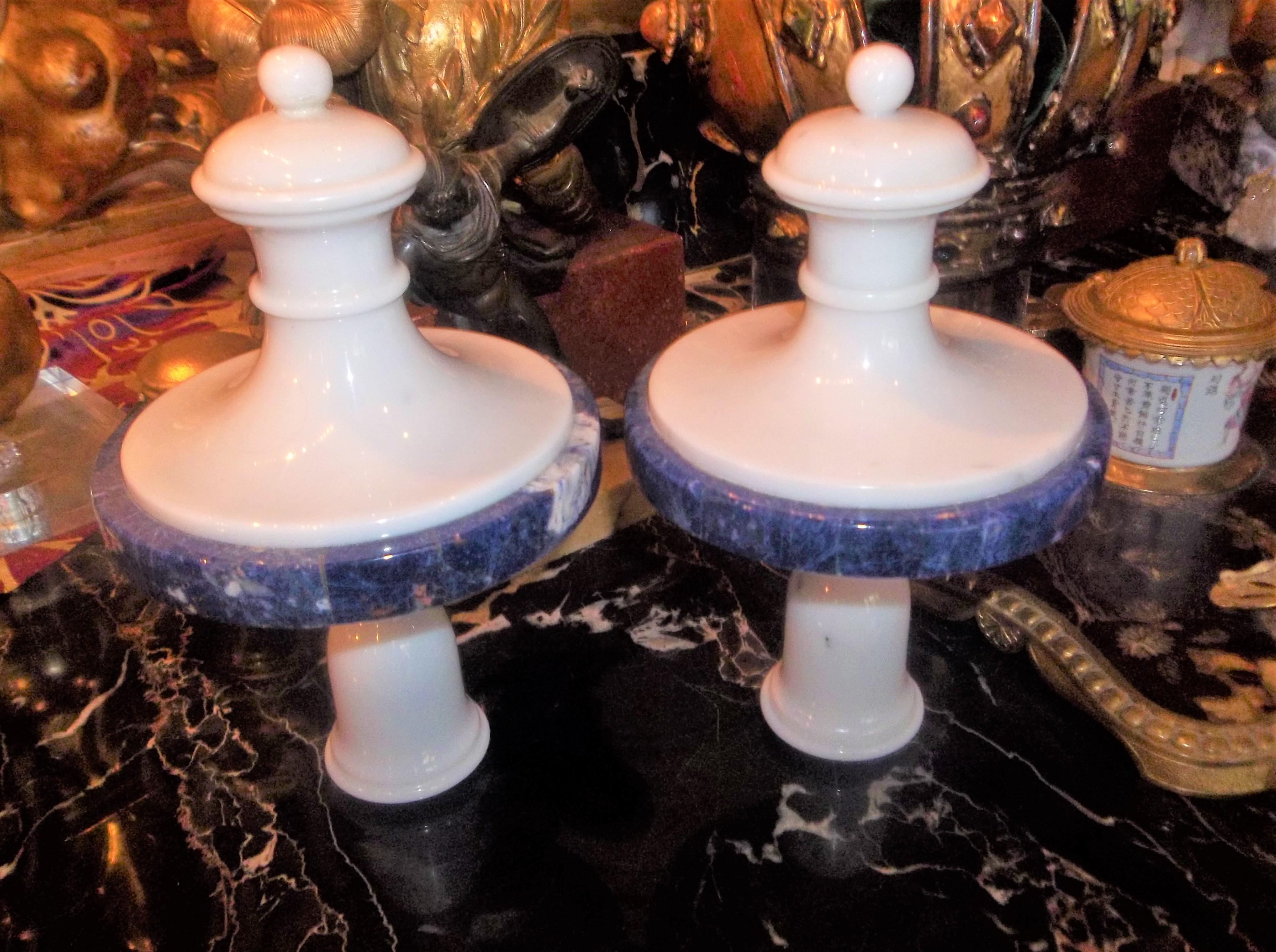 Tall Pair of Neoclassical Styled Lapis Inlaid Urn Garniture Candlesticks 4