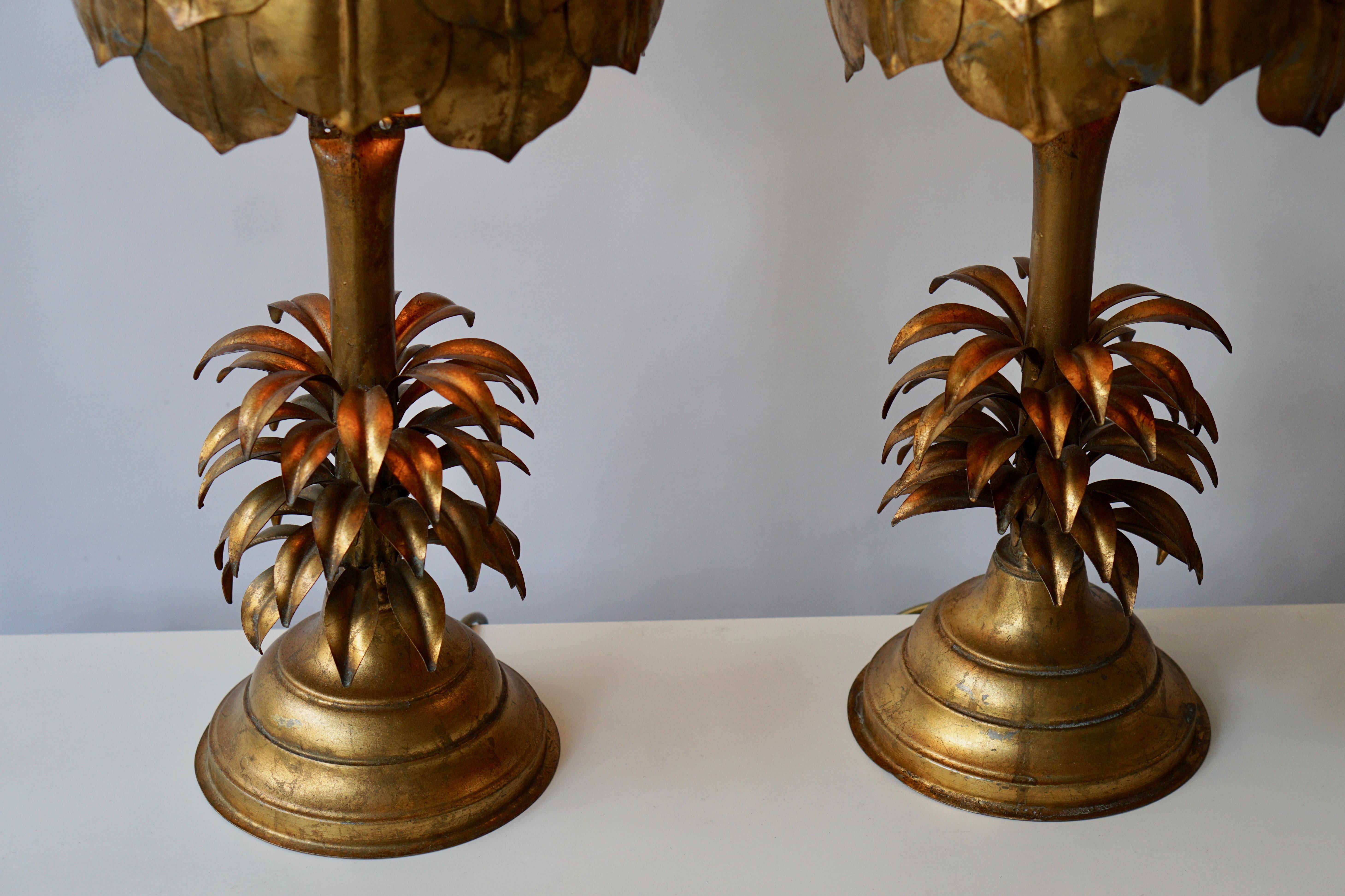 Brass One of Two Gilt Metal Palm Tree Lamp