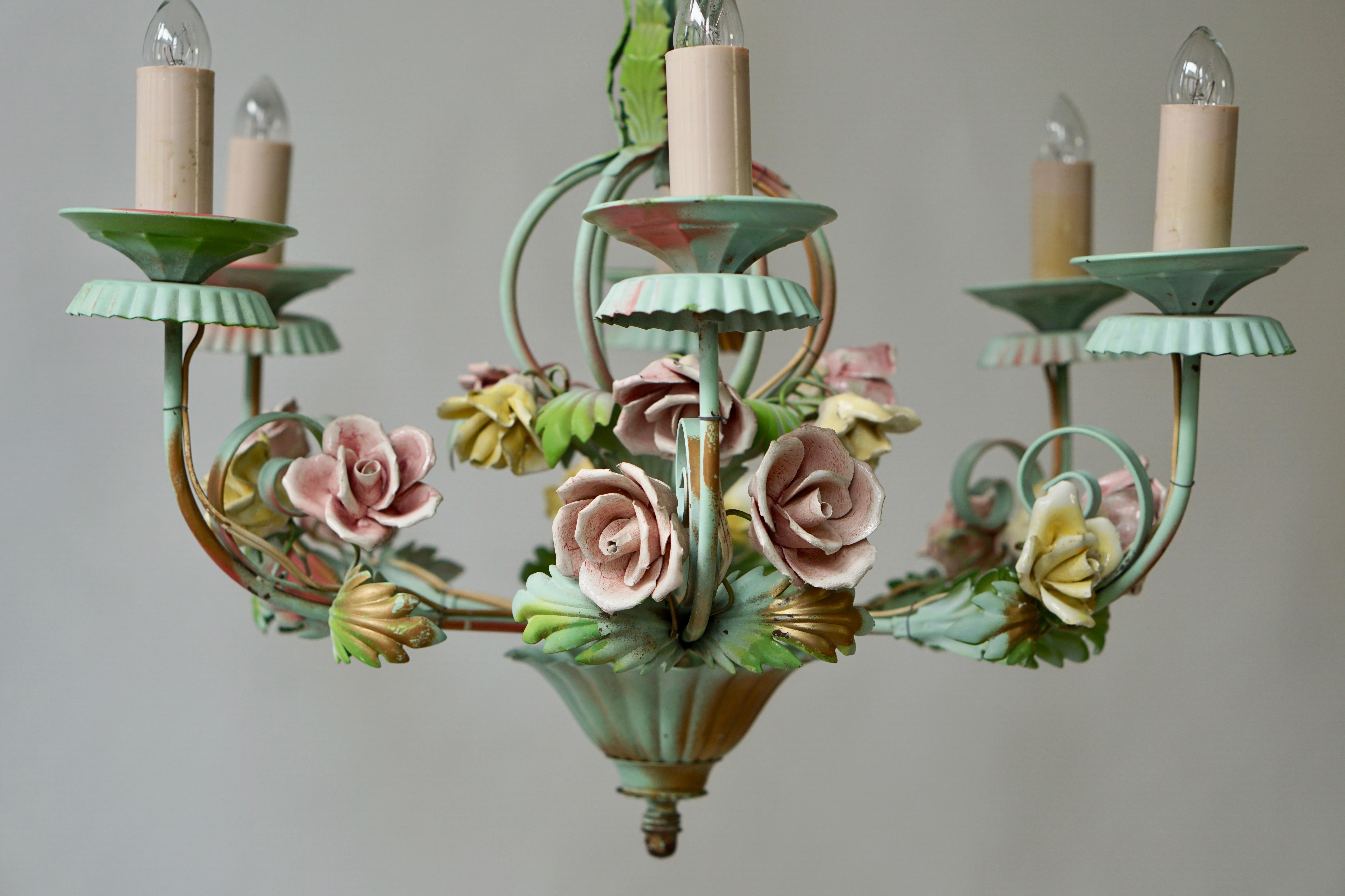 Italian Tole Chandelier with Flowers 3