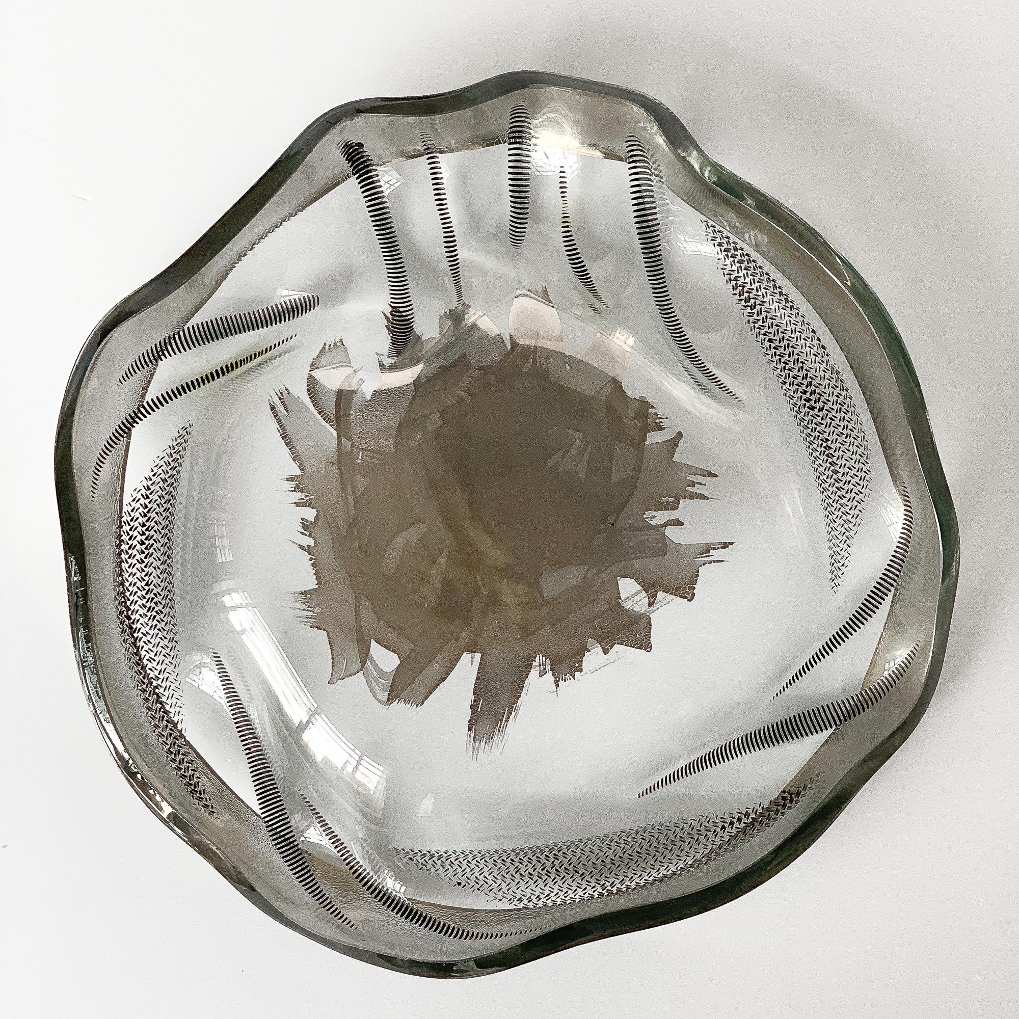 Unique Sculptural Art Glass Low Bowl with Silver Details 5