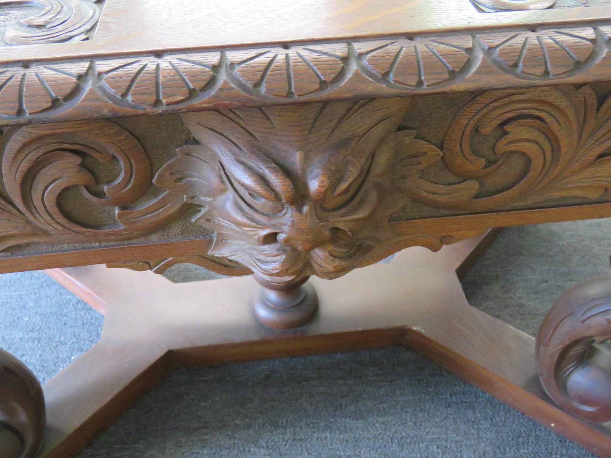 Oak Renaissance Style Winged Griffin Desk 7