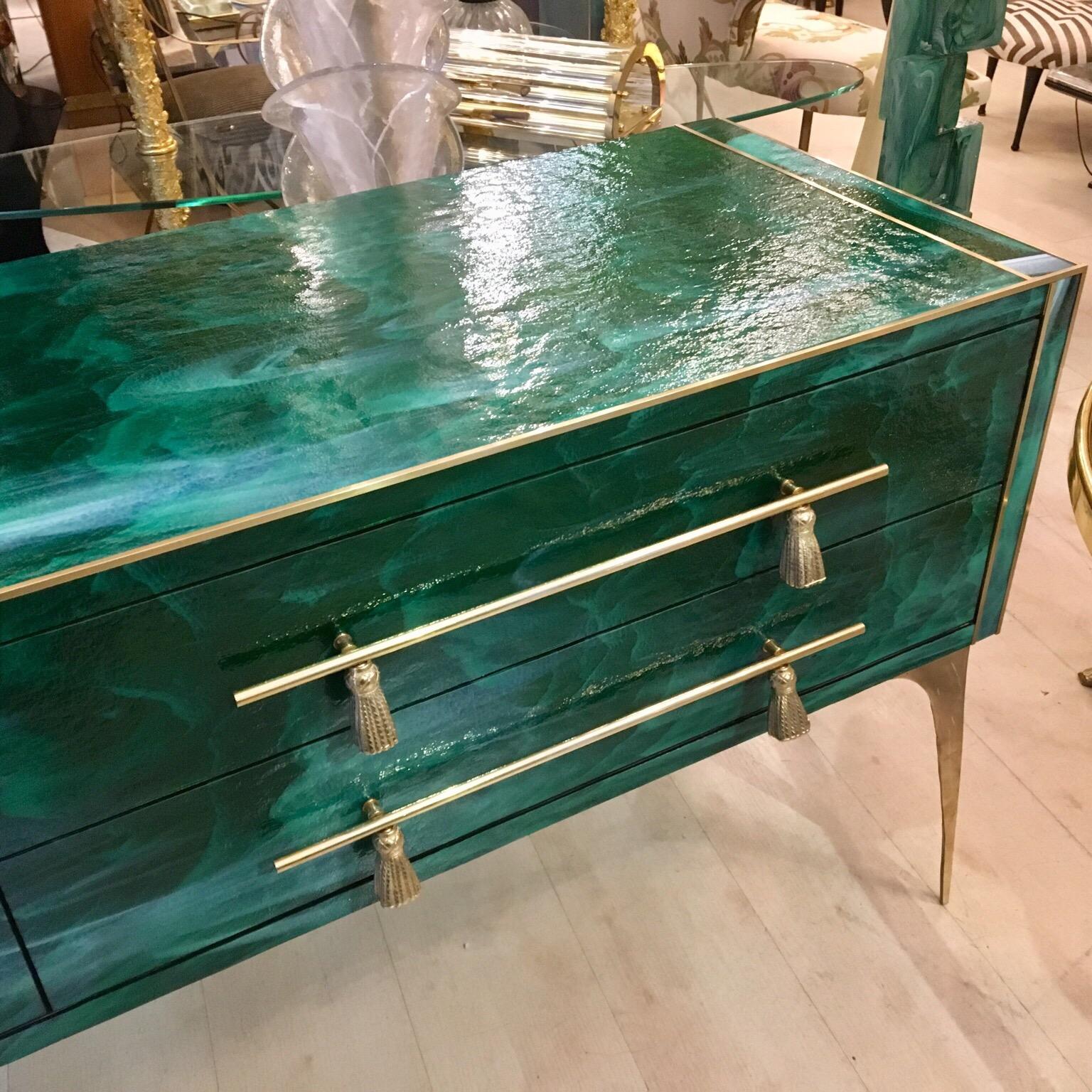 Italian Green Opaline Glass Chest of Drawers Malachite Effect and Brass, 1970s 6