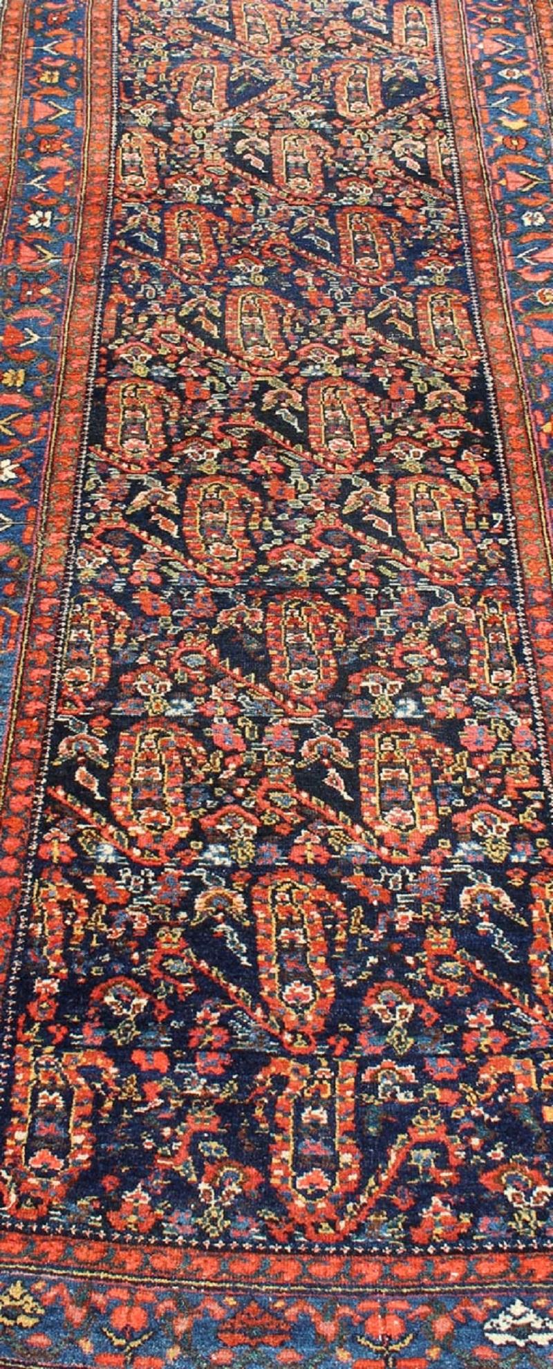 All-Over Design Antique Persian Malayer Long Runner in Blue and Burnt Orange  5