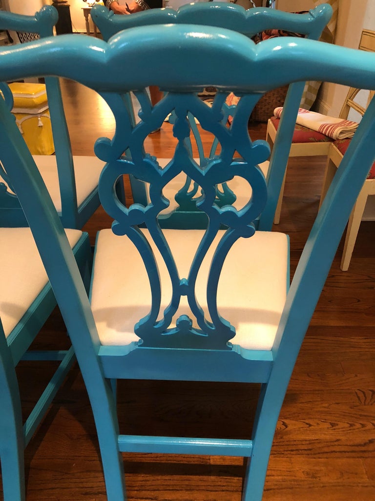 Glamorous Set of 8 Lacquered Carved Wood Dining Chairs For Sale at 1stdibs