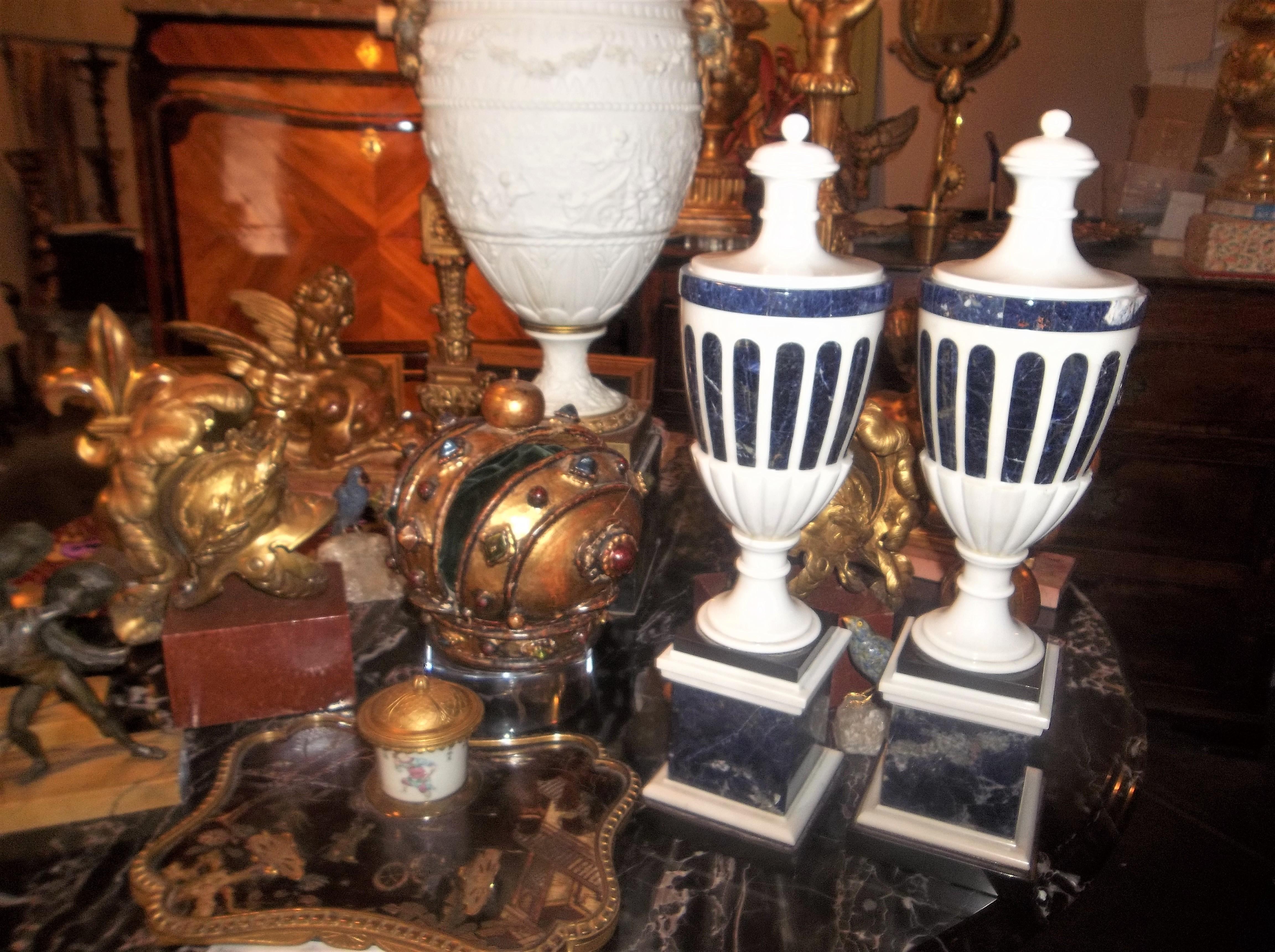 Tall Pair of Neoclassical Styled Lapis Inlaid Urn Garniture Candlesticks 5