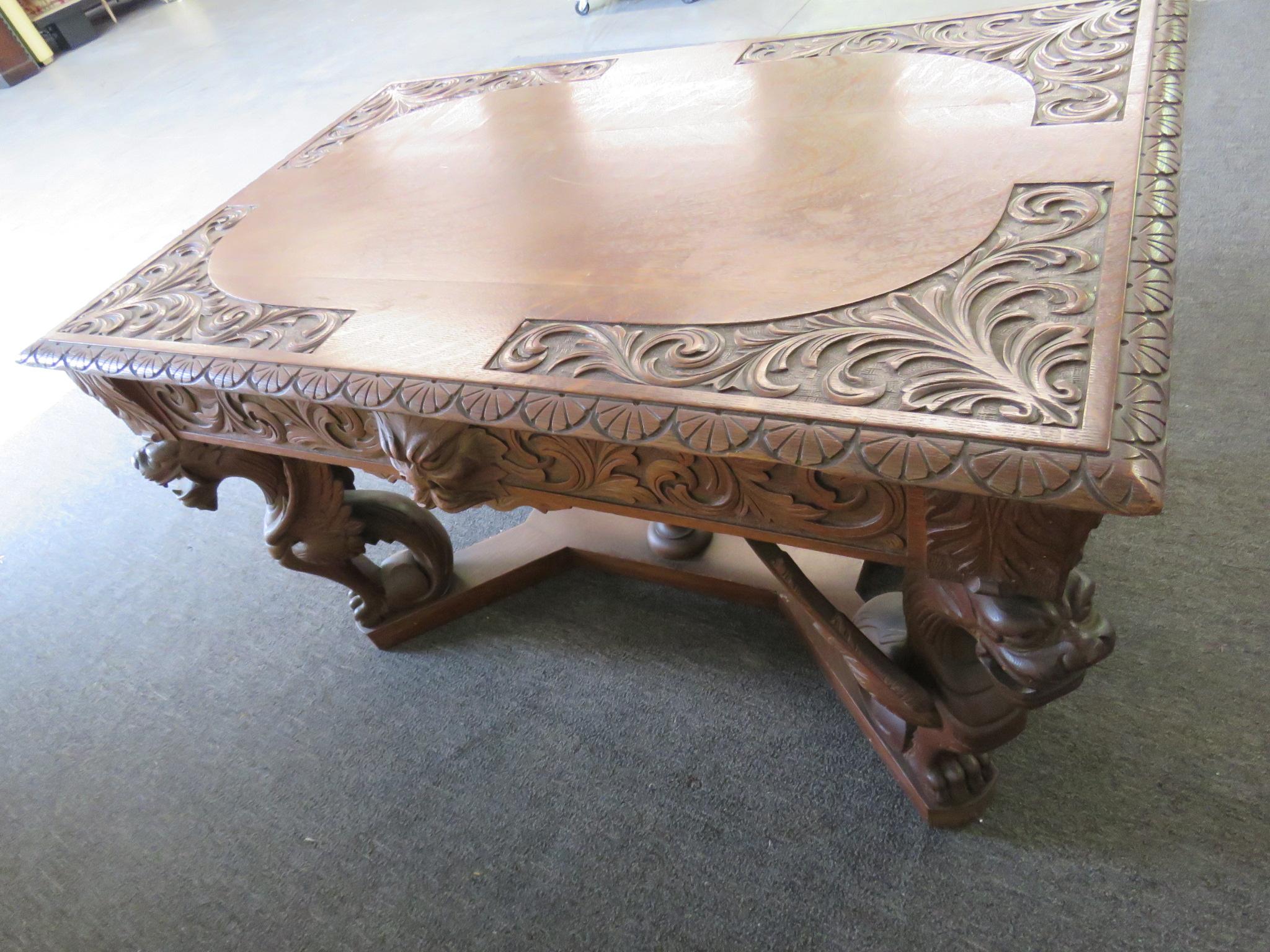 Oak Renaissance Style Winged Griffin Desk 8