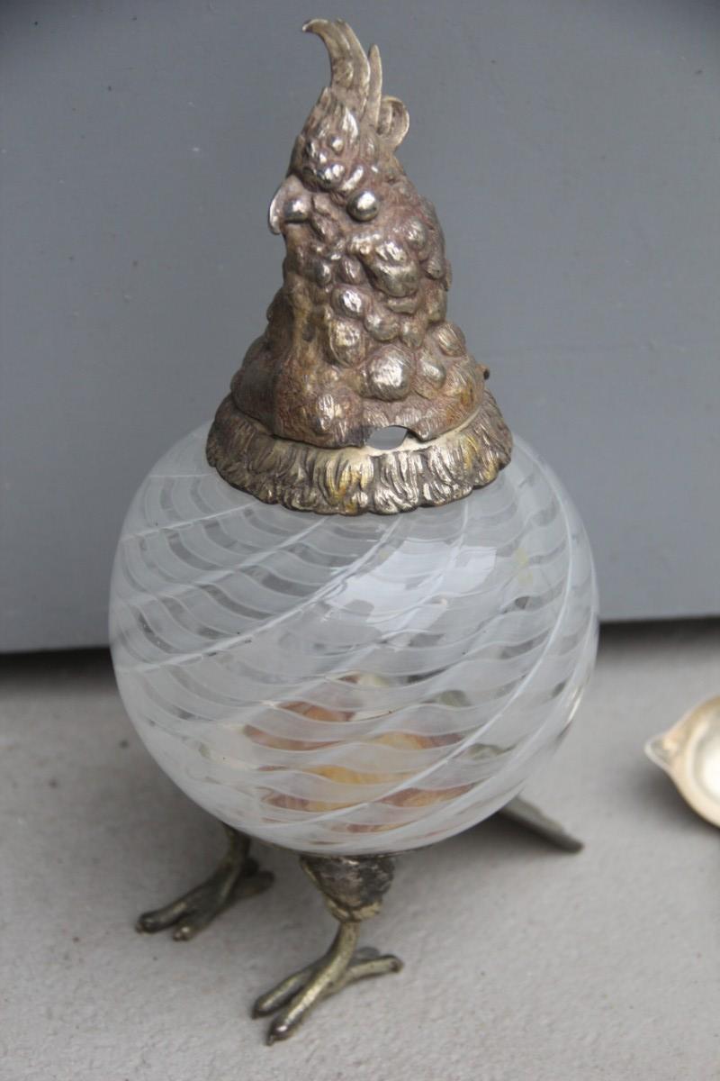 Box with Glass Lid Owl 1960 Italian Design Murano Glass Metal Chrome Brass For Sale 7