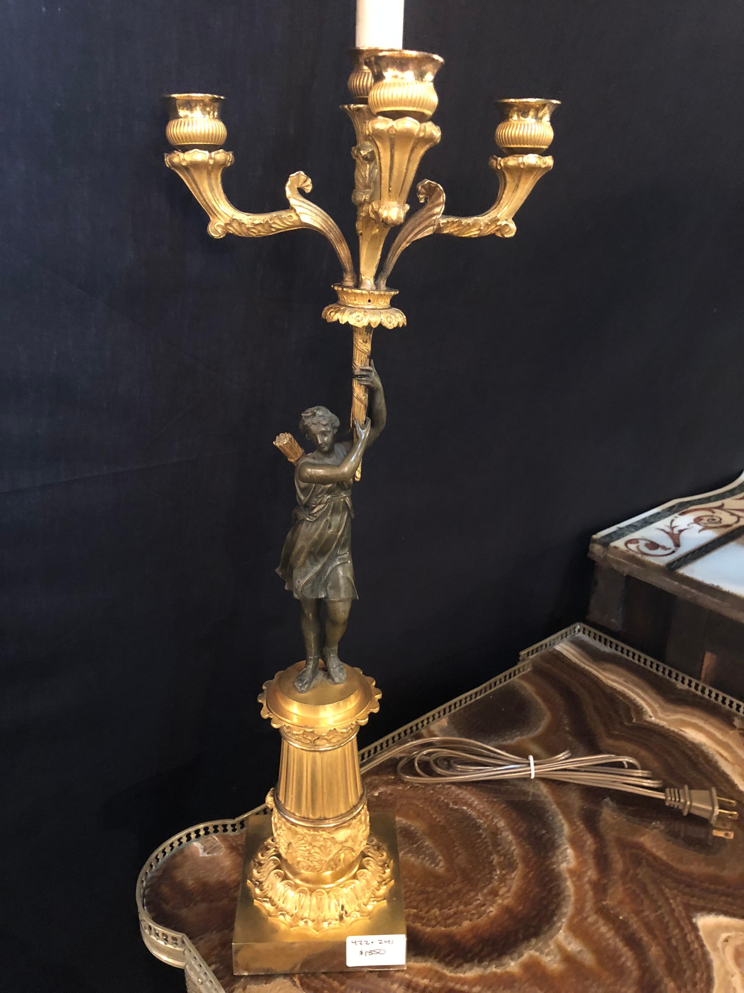 Empire Doré Bronze Candelabra Lamp Having a Patinated Woman Mounted as a Lamp For Sale 6