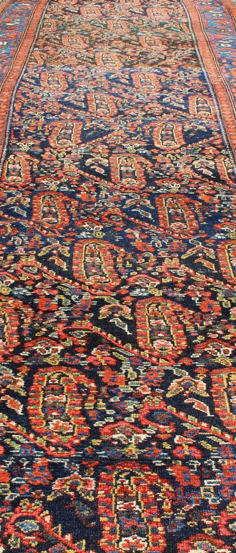 All-Over Design Antique Persian Malayer Long Runner in Blue and Burnt Orange  6