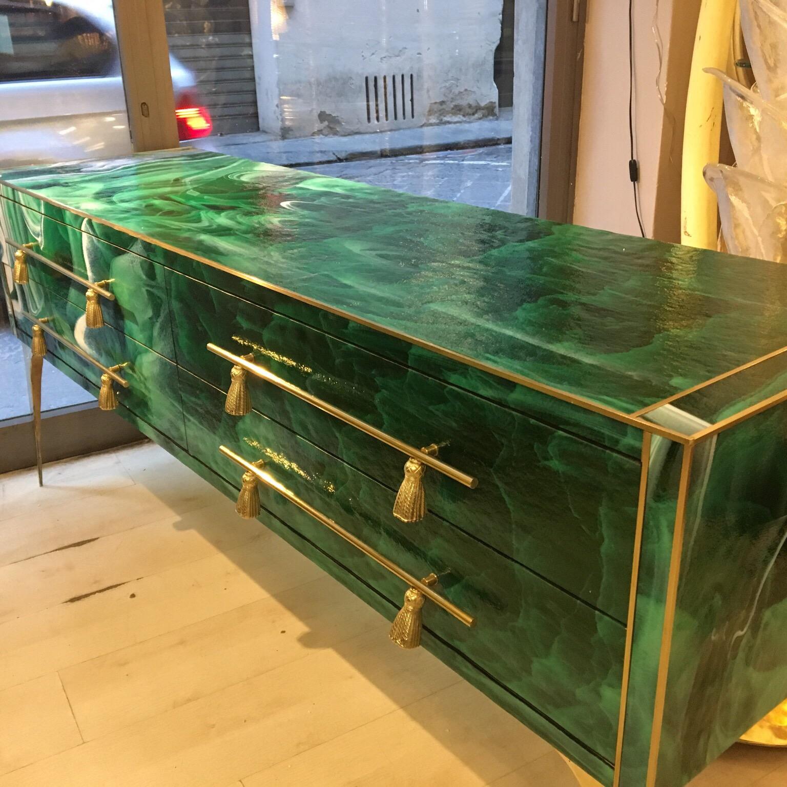 Italian Green Opaline Glass Chest of Drawers Malachite Effect and Brass, 1970s 8