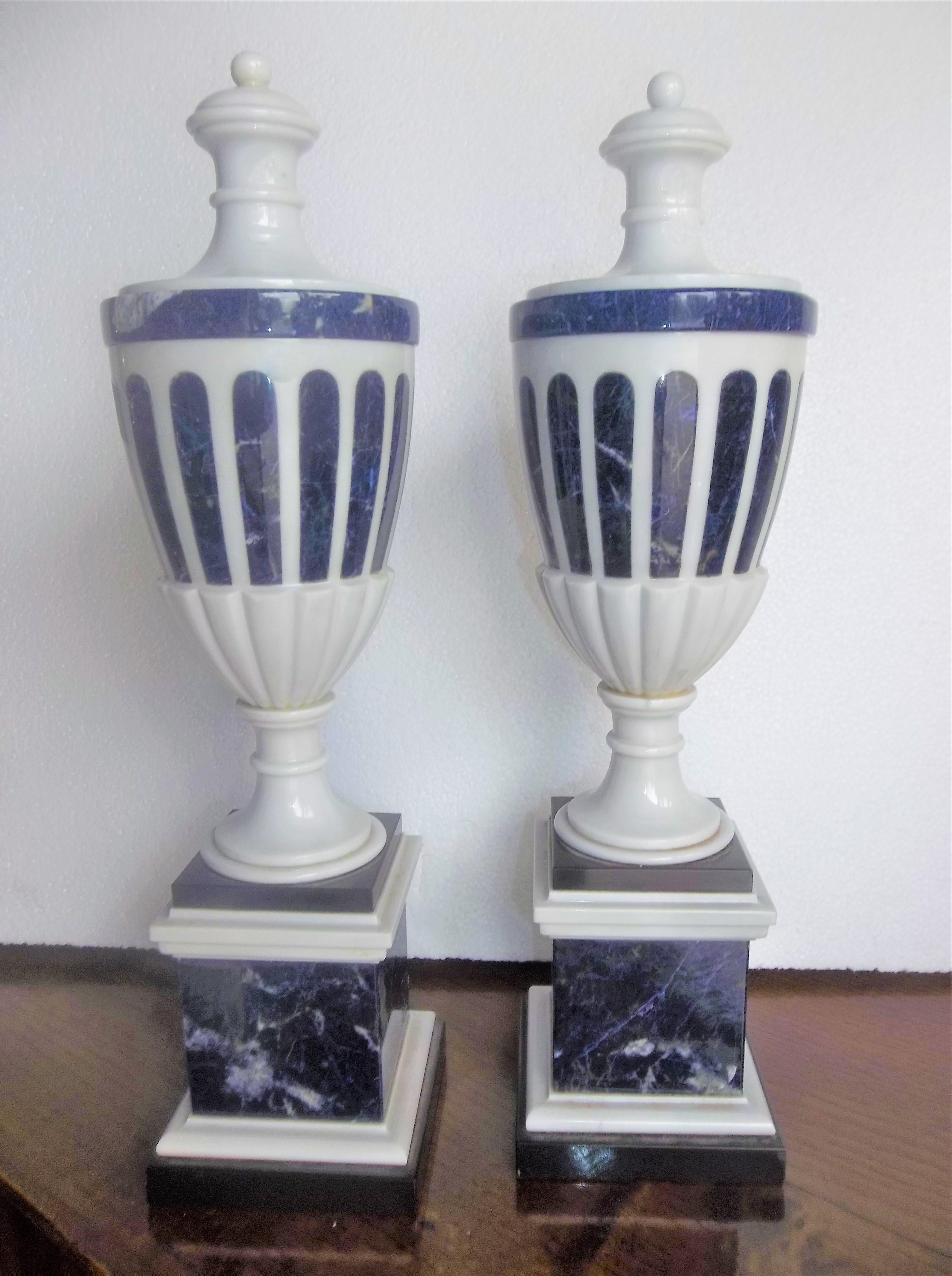 Tall Pair of Neoclassical Styled Lapis Inlaid Urn Garniture Candlesticks 7