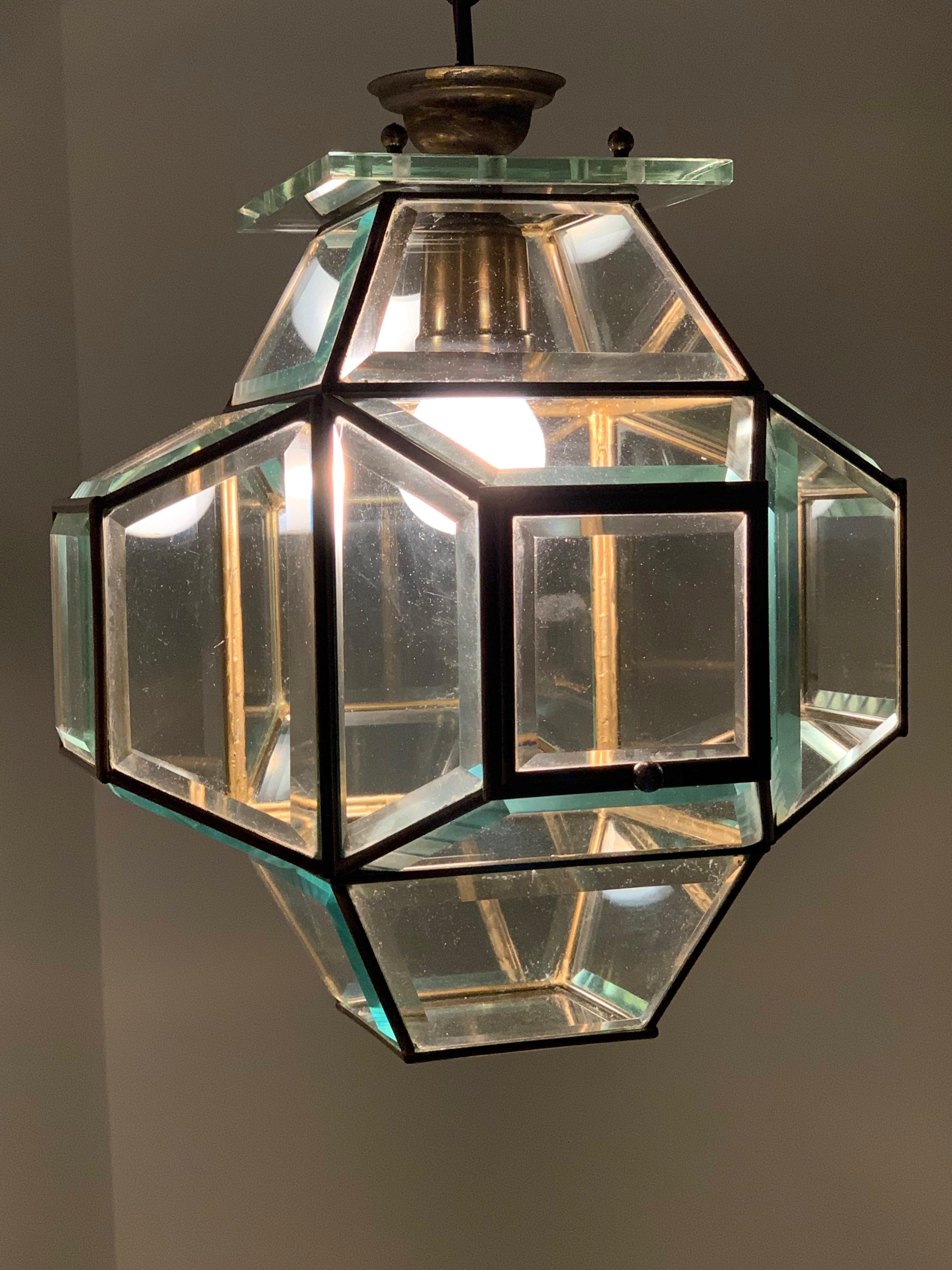 1950s Glass and Brass Lantern Attributed to Fontana Arte, Italy Lighting 8