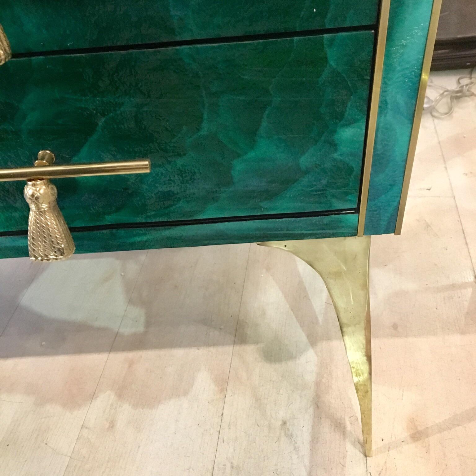 Italian Green Opaline Glass Chest of Drawers Malachite Effect and Brass, 1970s 9