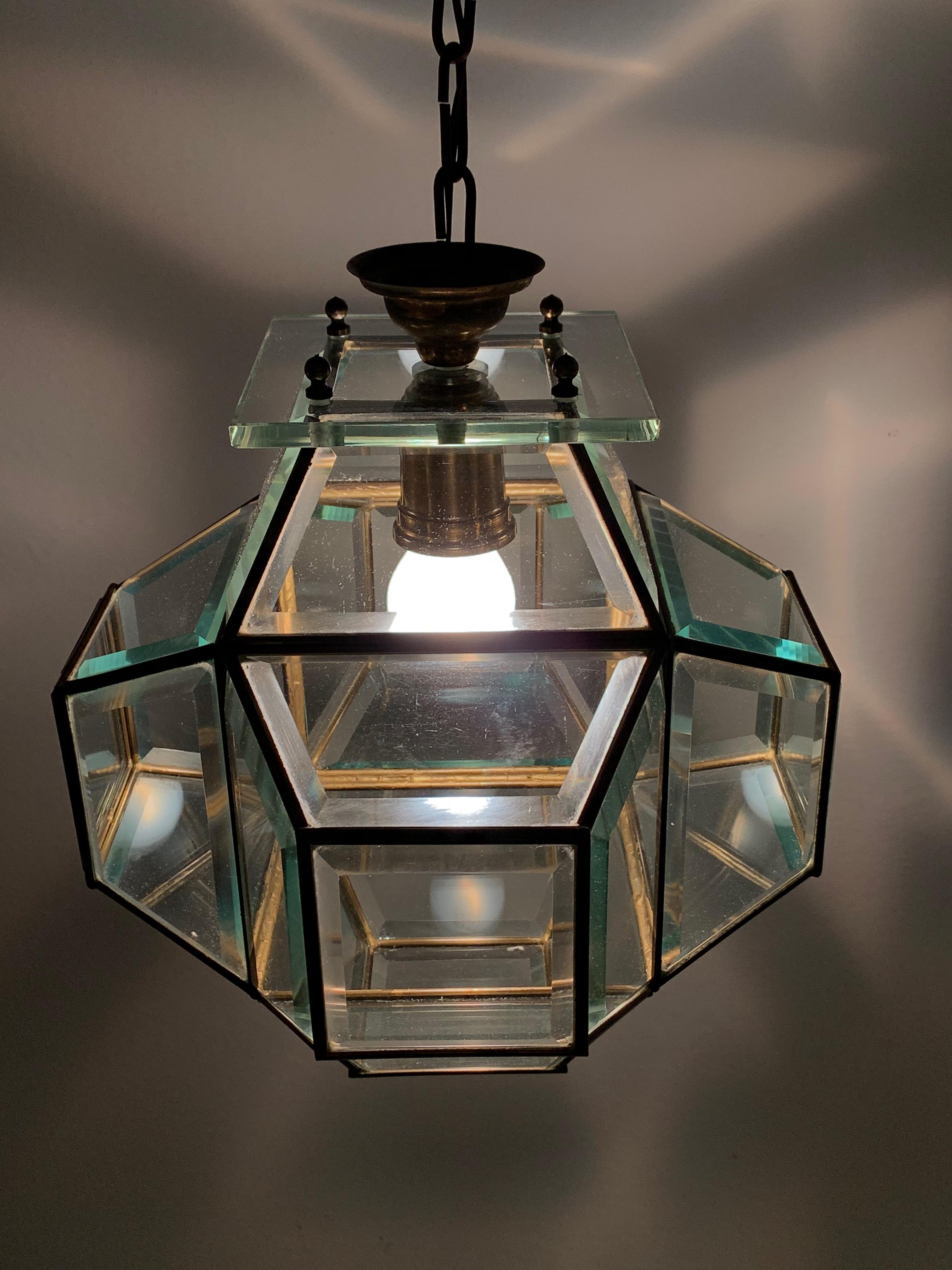 1950s Glass and Brass Lantern Attributed to Fontana Arte, Italy Lighting 9
