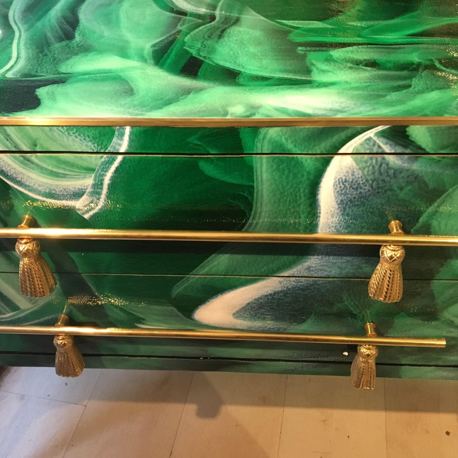 Italian Green Opaline Glass Chest of Drawers Malachite Effect and Brass, 1970s 10
