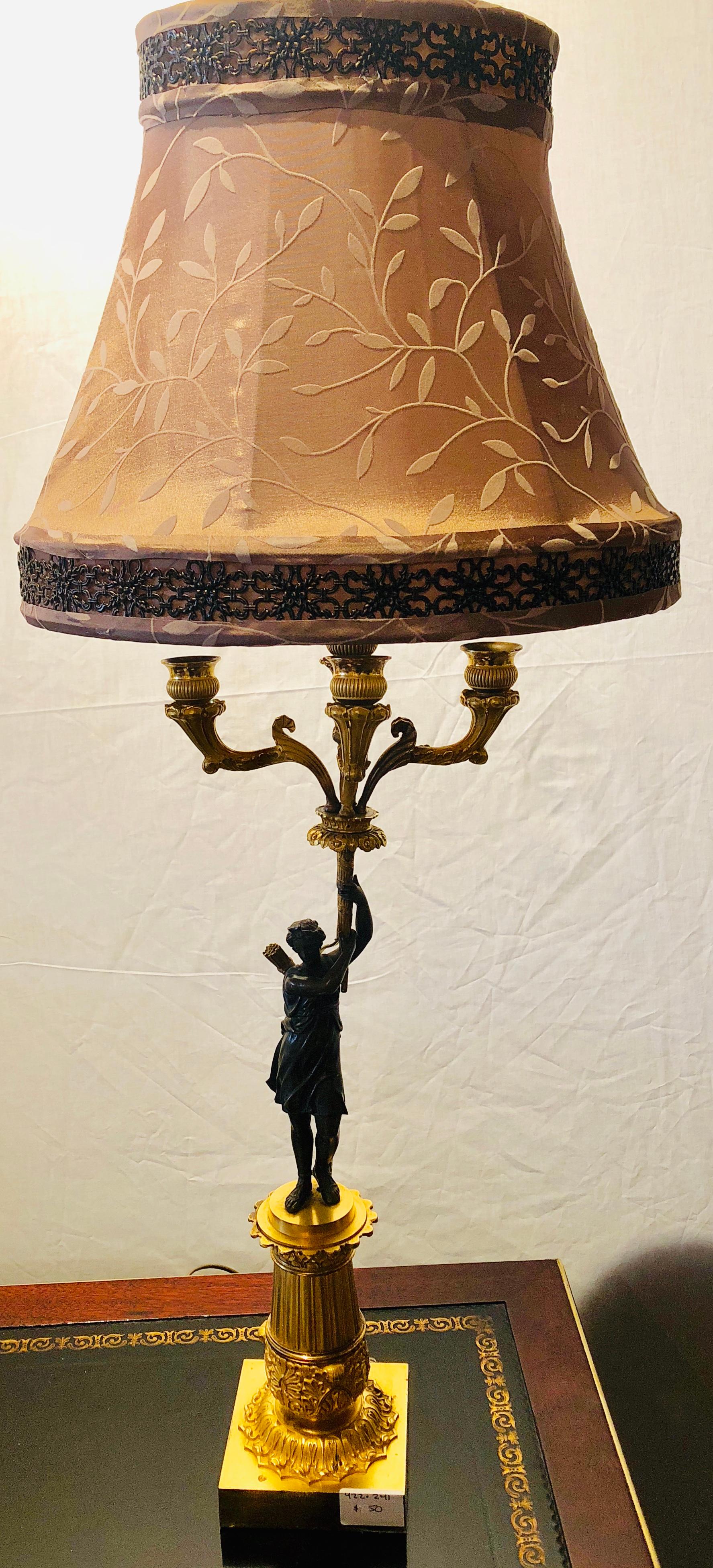 Empire Doré Bronze Candelabra Lamp Having a Patinated Woman Mounted as a Lamp For Sale 11