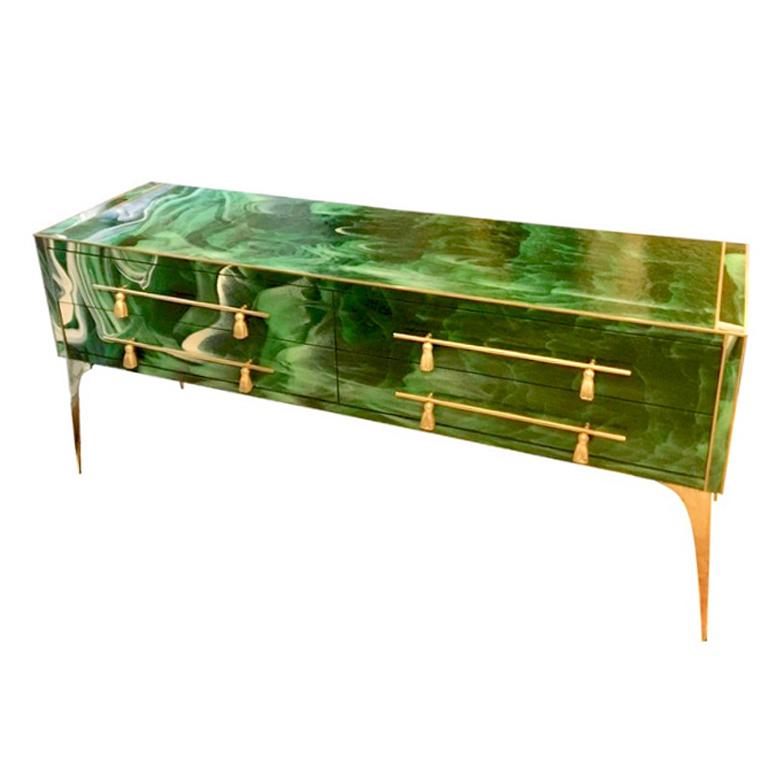 Italian green opaline glass chest of drawers malachite effect, brass inlays and legs, four drawers brass handles with tassels.