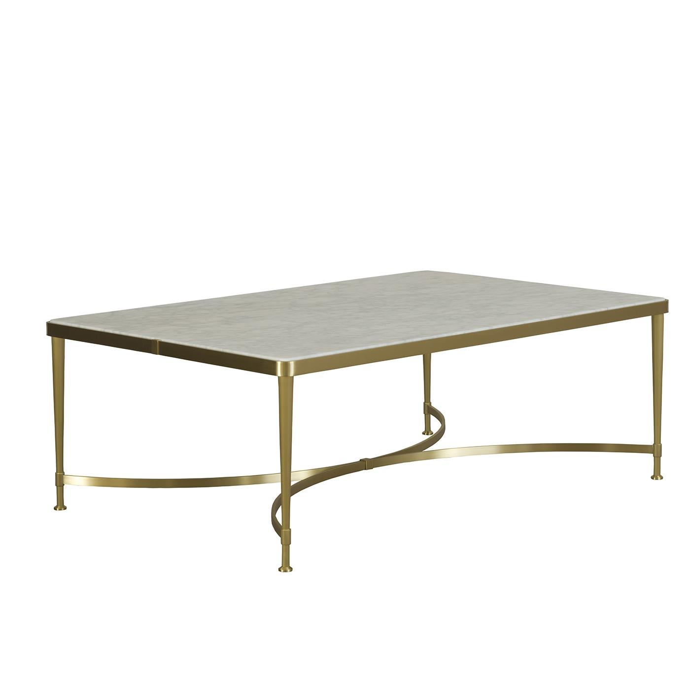 This sophisticated coffee table boasts a timeless color combination, elegant design, and high quality materials for a look that will enrich both a contemporary and a traditional setting. The rectangular marble top, with a polyester varnish is