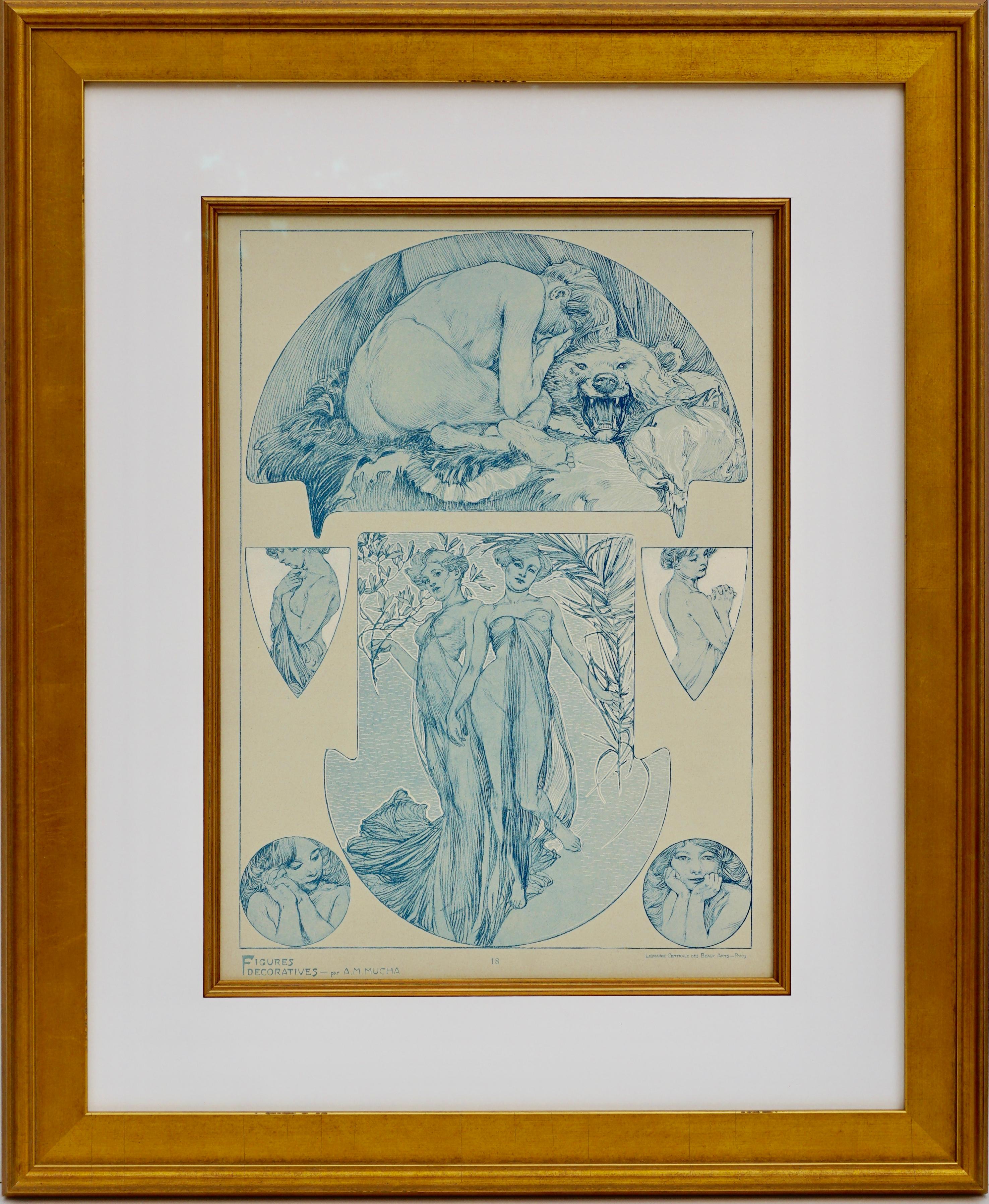 A framed Art Nouveau collotype by Alphone Mucha from 1905 representing the artist's sketches of nudes, women and beautiful ladies in blues and whites on vellum paper. Plate 18 of 