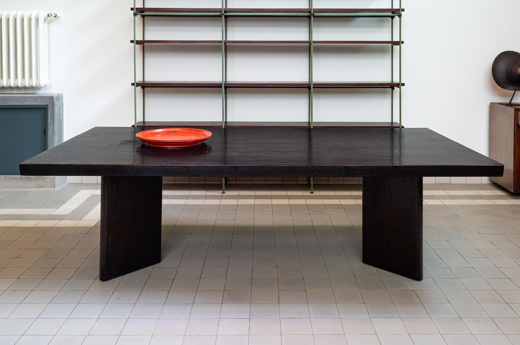 Pierre Jeanneret
PJ-TAT-08-B
Important: vintage collector's item for sale with guaranteed authenticity. 
Removable tabletop mounted on two “angle” type legs.
Solid and plated teak.
Variant with narrow feet 