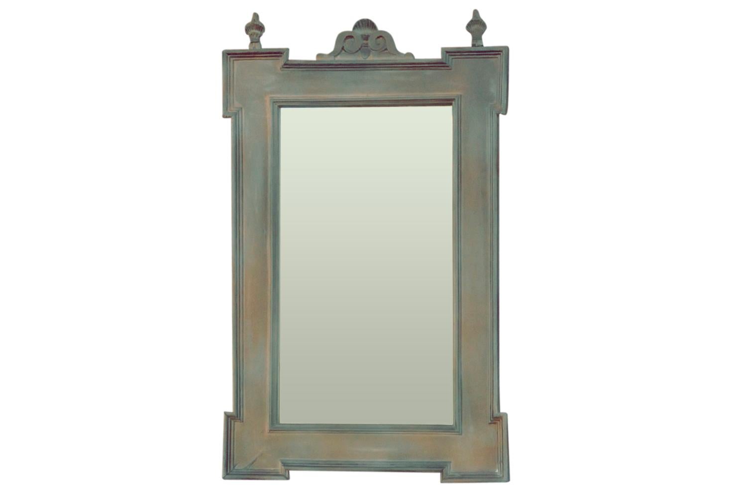 Old German antique style wooden mirror frame. The mirror is new. The frame is gray
with red antique effect.
 