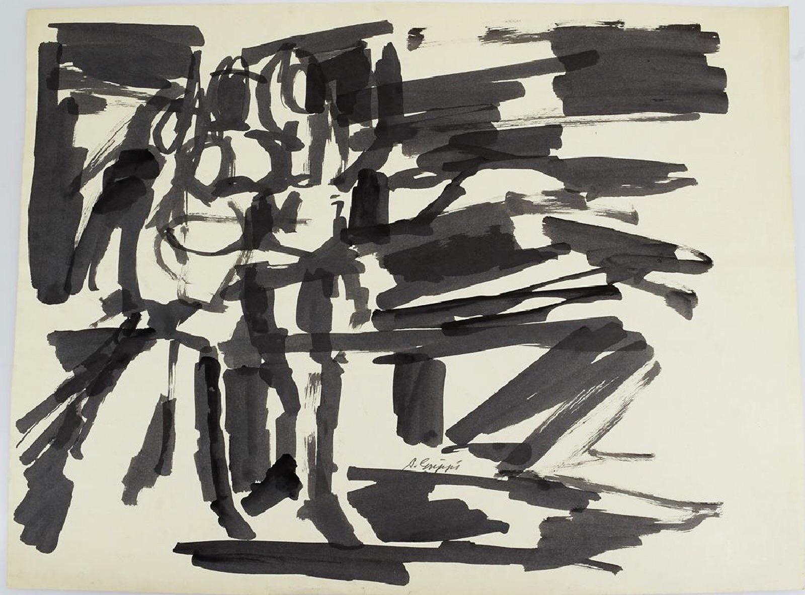 Abstract Expressionist Gestural Black & White Pen & Ink Work by Salvatore Grippi
'
Gorgeous early pen and ink on paper work by Salvatore Grippi.  Signed. Circa 1955-56
New York School 

measures approximately 24