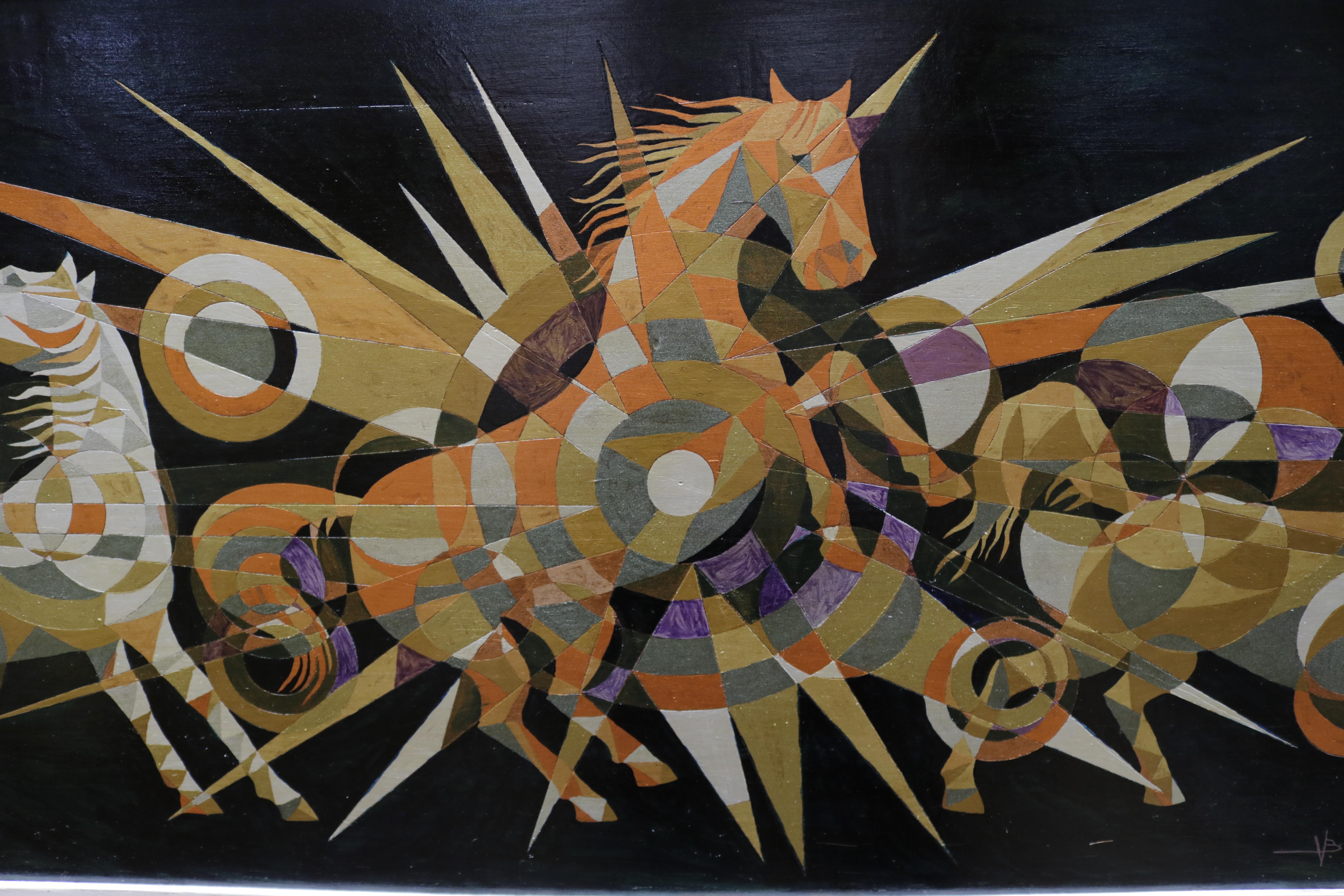 This boldly eclectic painting depicting horses in motion with kaleidoscope-like patterns can bring an interesting focal point to your space. Signed Badilla.
The artist etched first the wood then he painted the board.