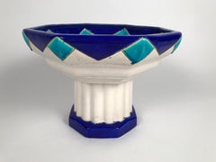Art Deco Period Blue Turquoise and White Ceramic Footed Bowl by Boch Frères