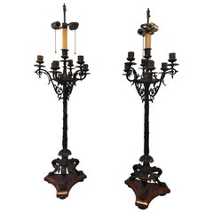 Pair of Empire 19th Century Bronze and Rouge Marble Base Candelabra Lamps