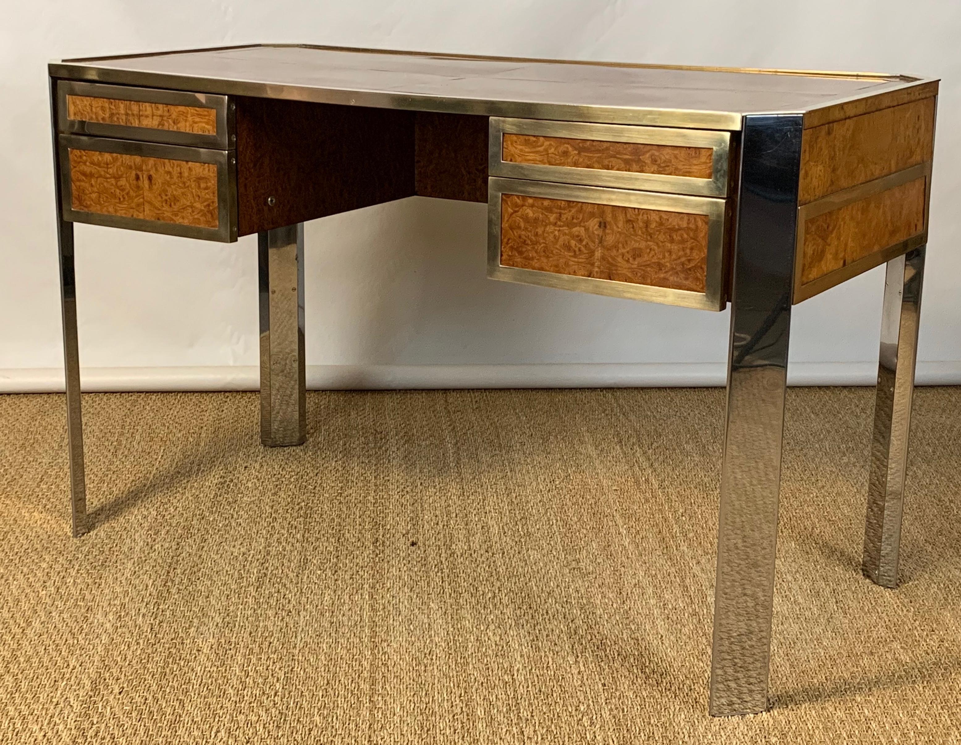 A superb Italian brass, chrome and book matched burl walnut writing desk of elegant and sophisticated design dating from the 1970s in the style of Romeo Rega.