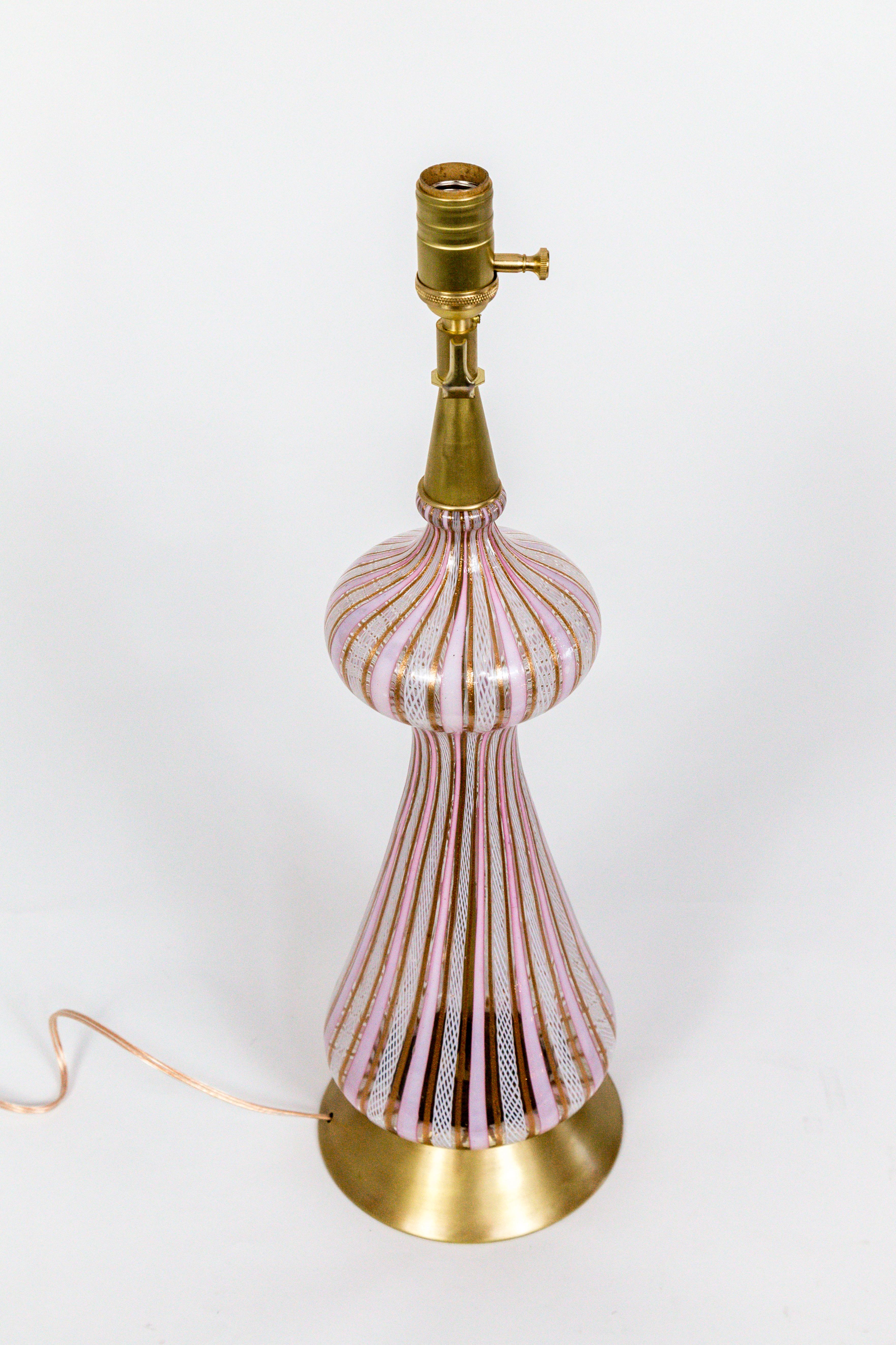 A sensuous, baluster shape, Venetian glass lamp; with pink and 