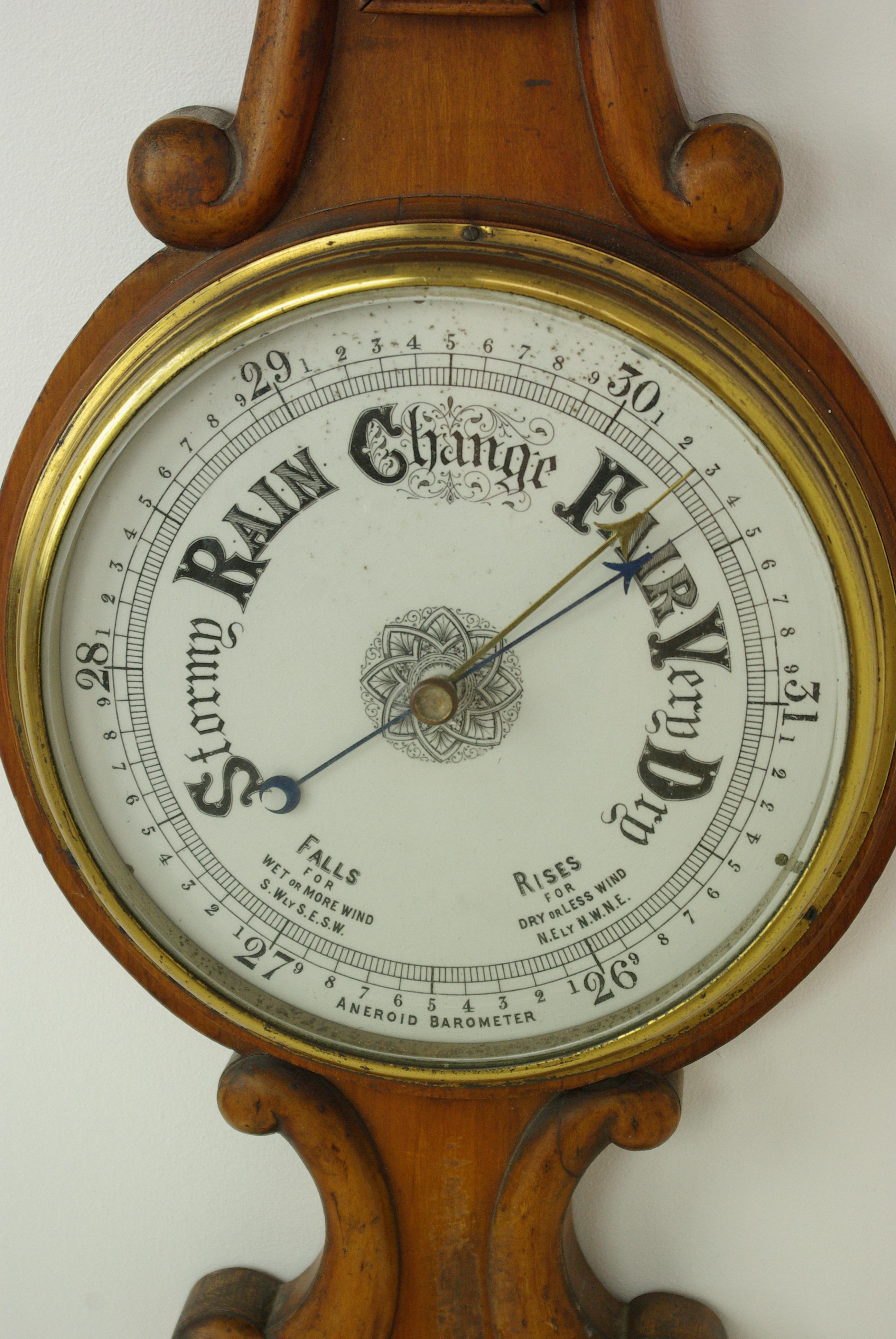 Antique Barometer, Aneroid barometer, decorative Barometer, carved walnut Barometer, Scotland, 1890, Antique Furniture, B1282A.

Scotland, 1880
Carved oak pediment top above
Thermometer below
Deep molded center circle into which barometer is